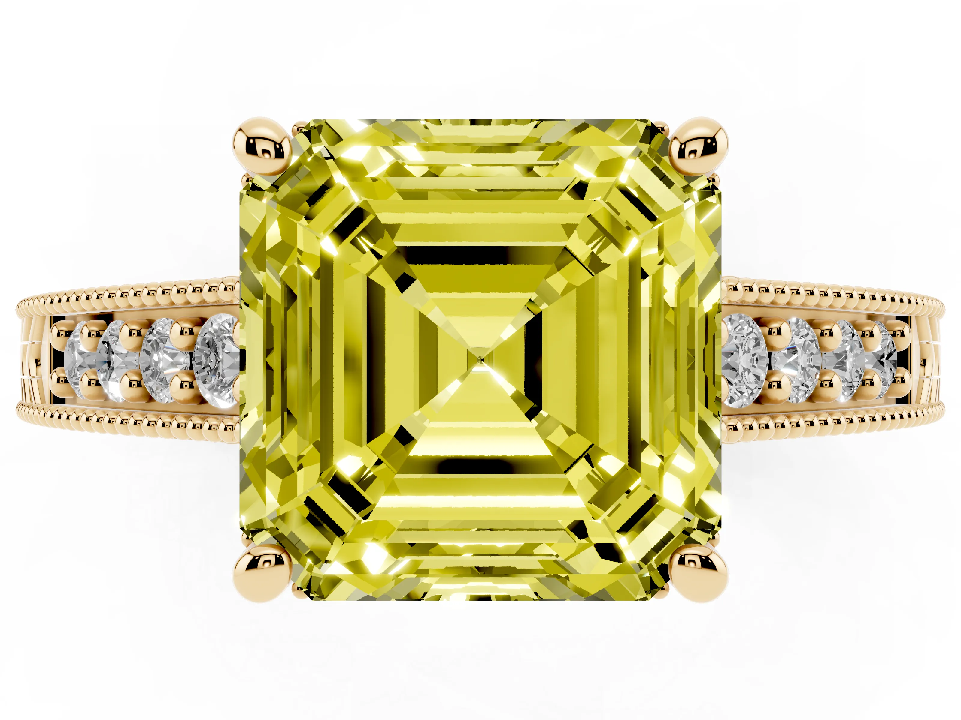 Fancy Yellow Asscher Cut Diamond Solitaire Pavé Milgrain Engagement Ring Set in Yellow gold with Prong Setting