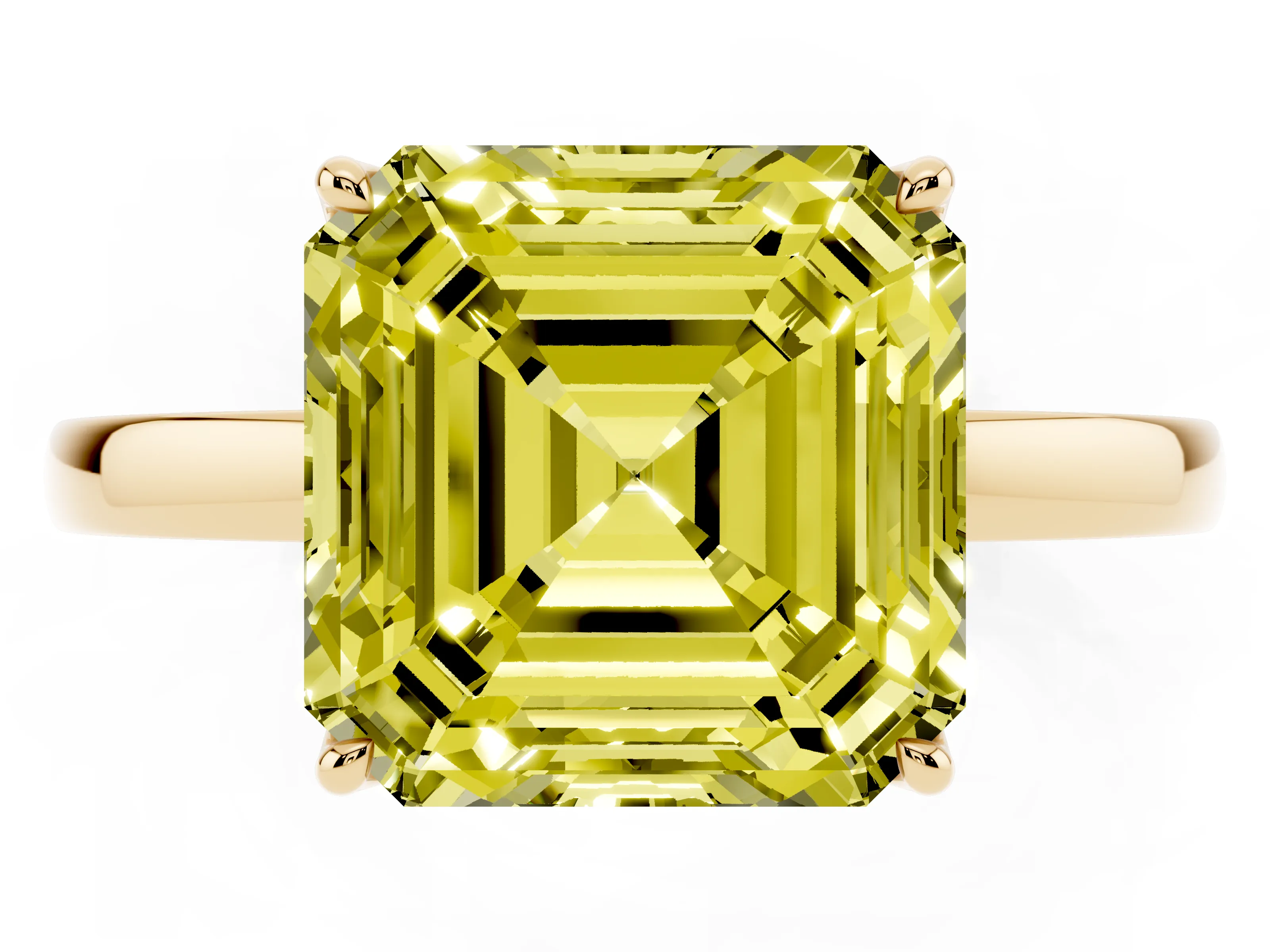 Fancy Yellow Asscher Cut Diamond Solitaire Ring Set in Yellow gold with Prong Setting and Thin Polished Band