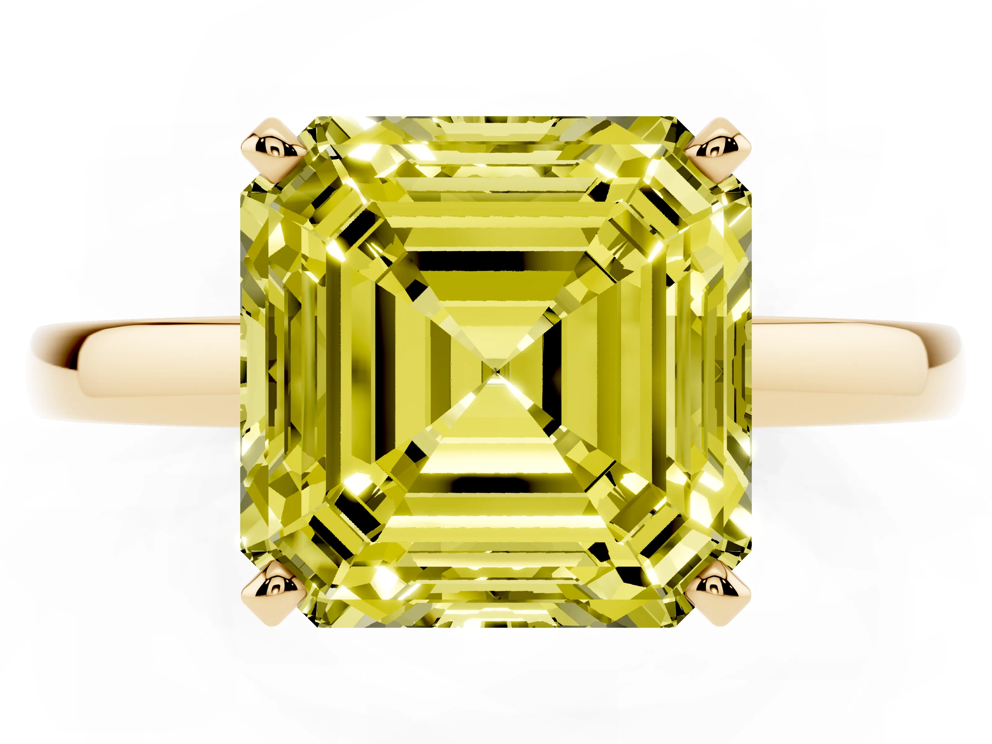 Fancy Yellow Asscher Cut Diamond Solitaire Engagement Ring Set in Yellow gold with Prong Setting on a Classic Band