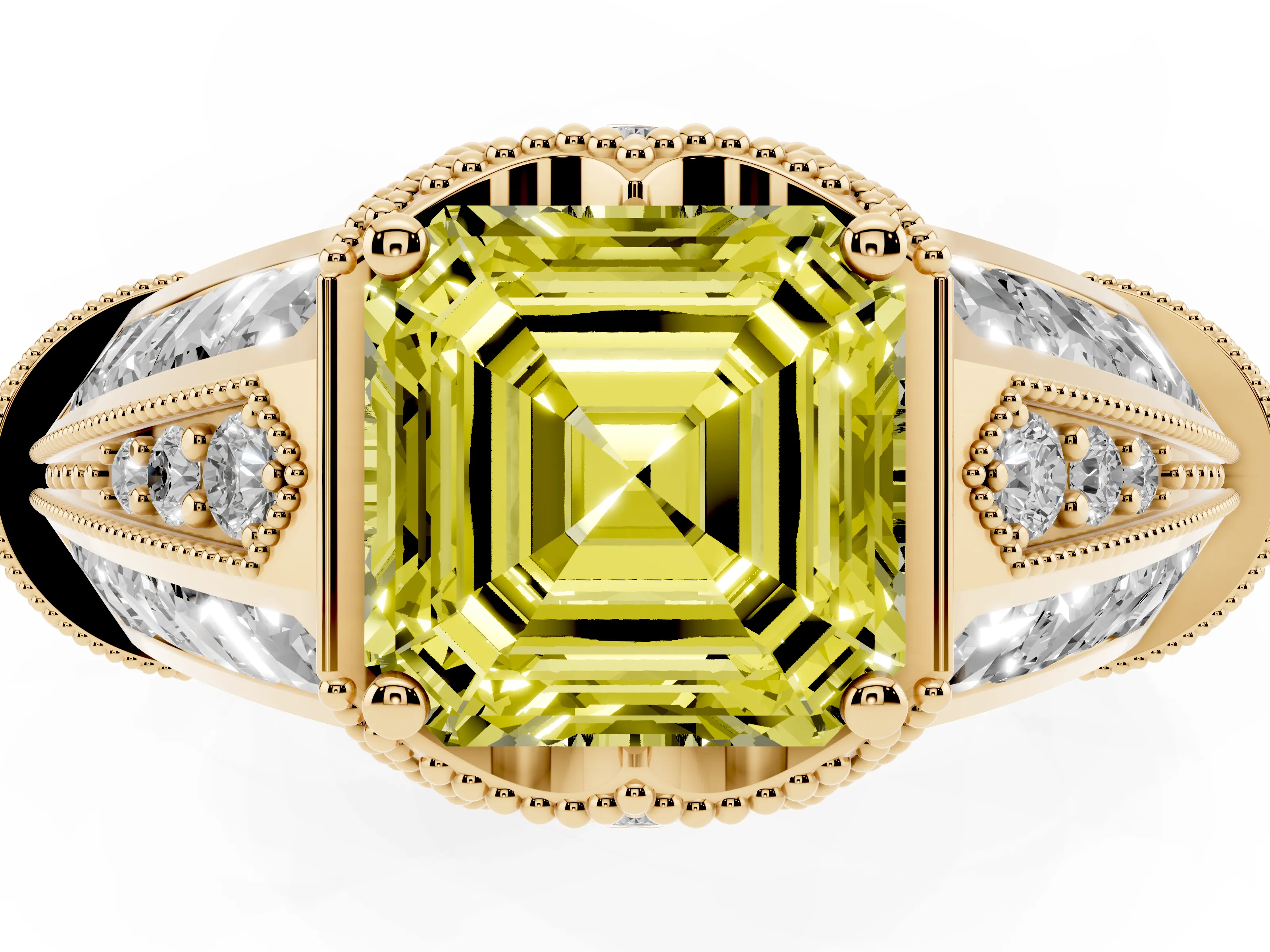 Fancy Yellow Asscher Cut Diamond Vintage-Inspired Milgrain Ring Set in Yellow gold with Accent Split Shank