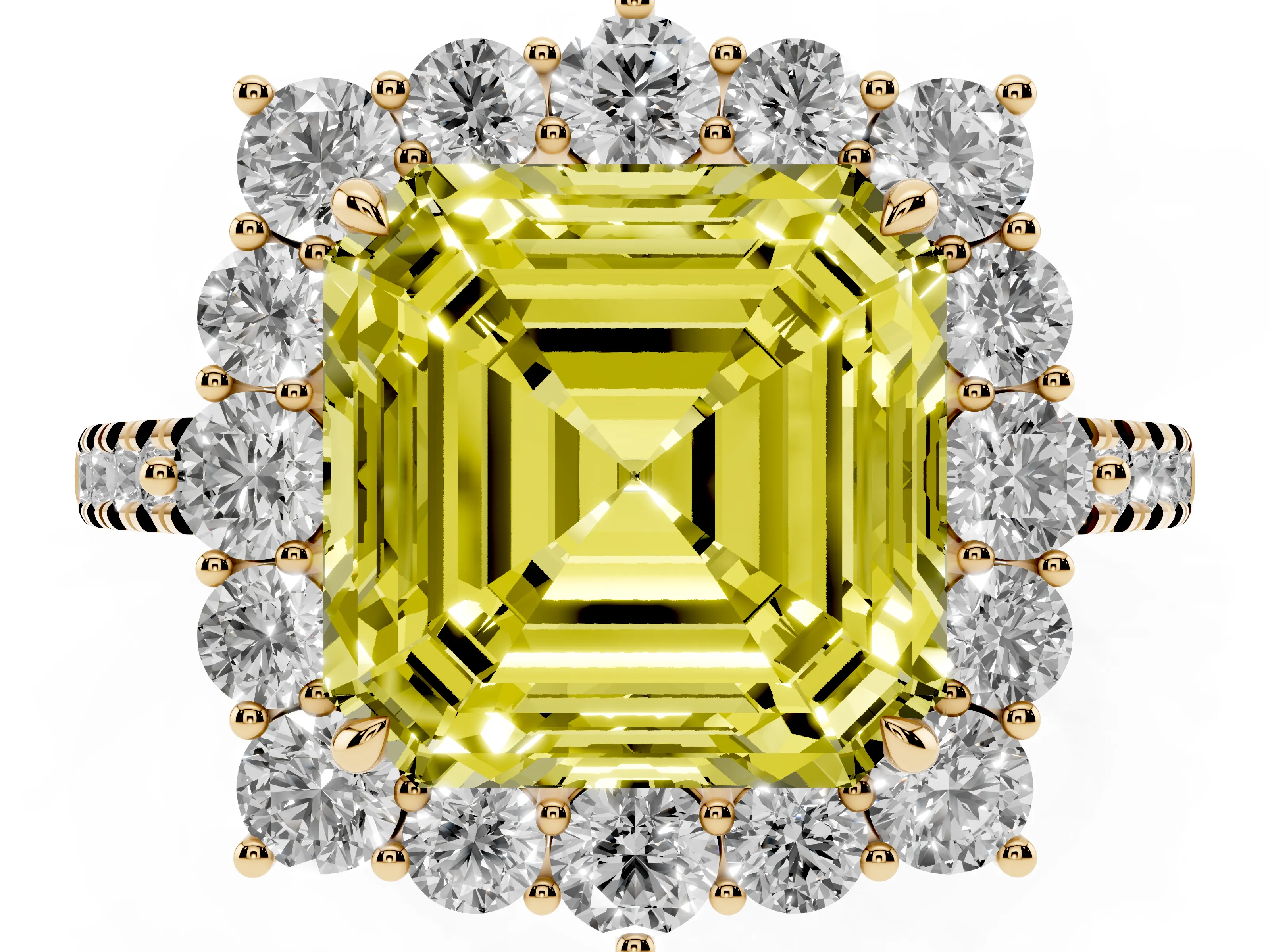 Fancy Yellow Asscher Cut Diamond Halo Ring Set in Yellow gold with Pavé Band and Prong Setting