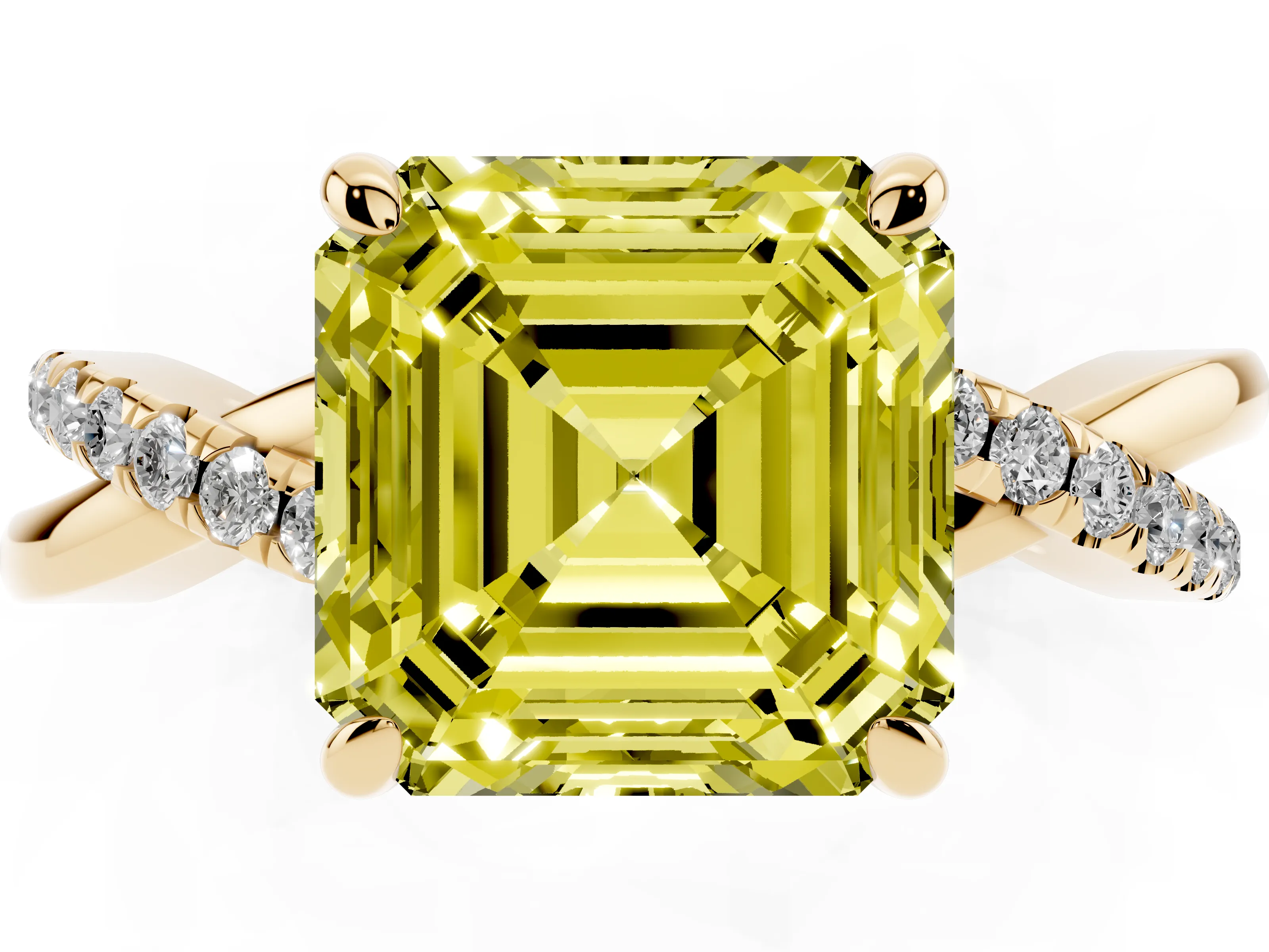 Fancy Yellow Asscher Cut Diamond Twist Band Pavé Solitaire Ring Set in Yellow gold with Prong Setting