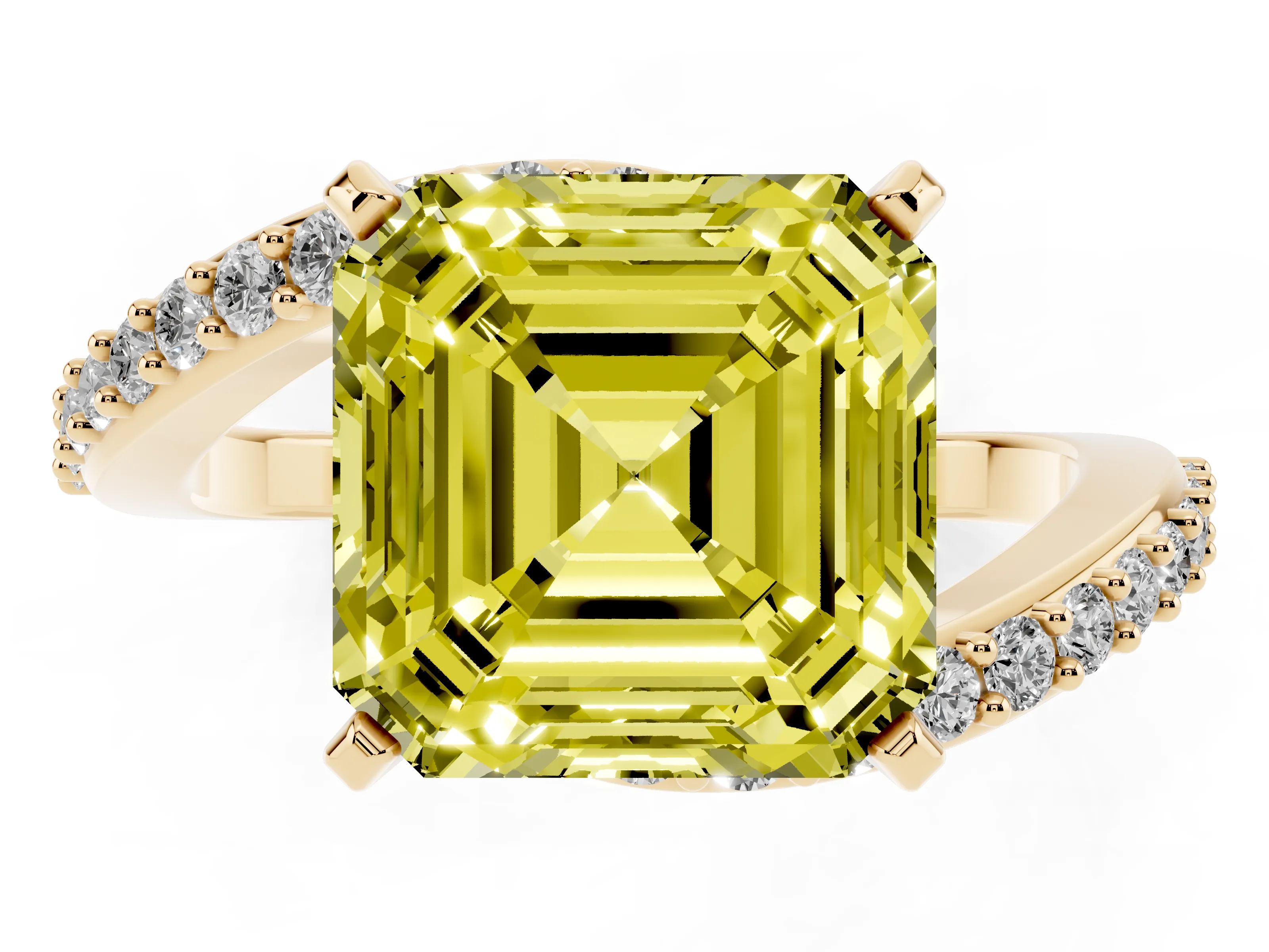 Fancy Yellow Asscher Cut Diamond Solitaire Ring Set in Yellow gold with Pavé Twist Band and Prong Setting