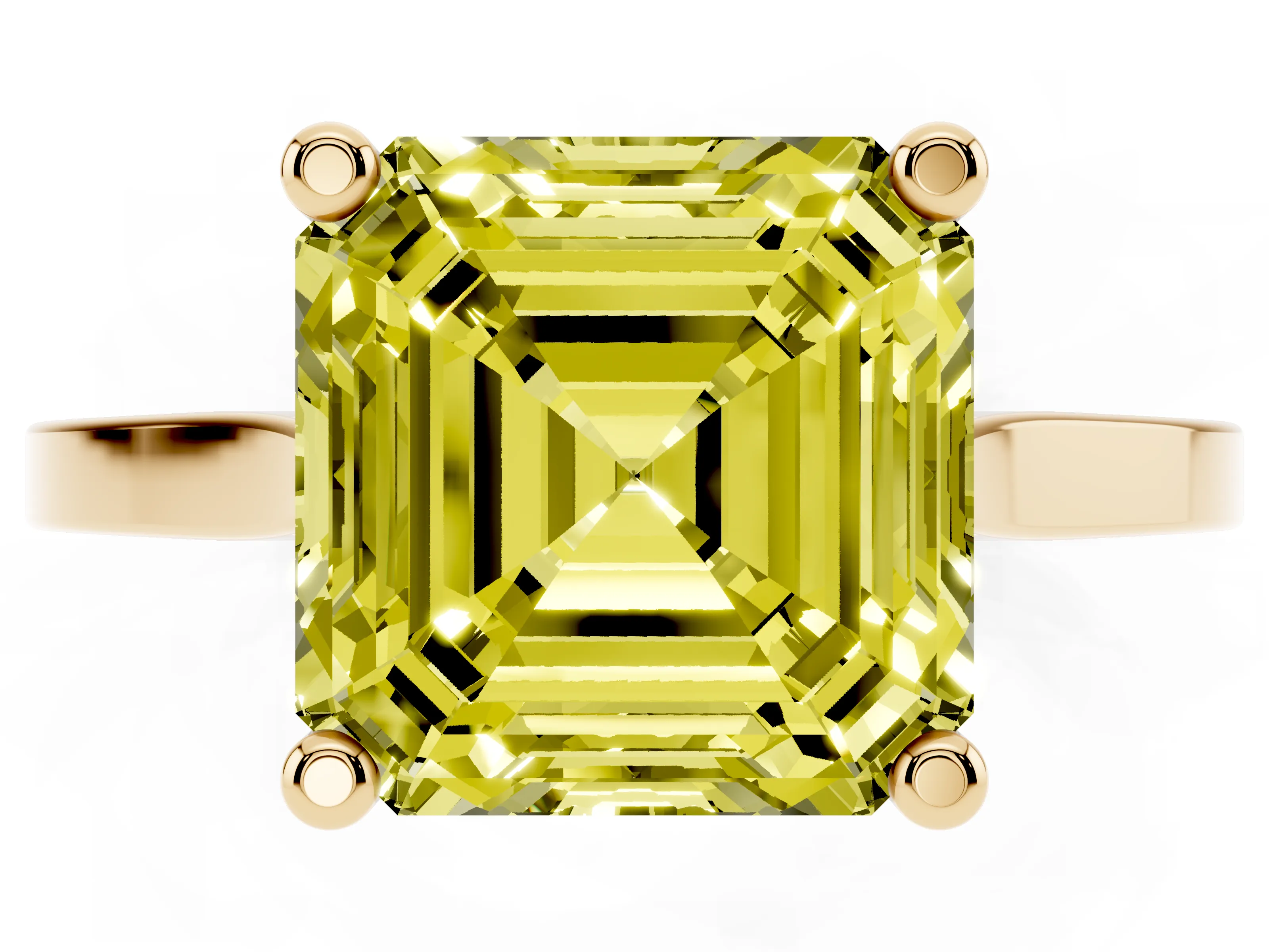 Fancy Yellow Asscher Cut Diamond Solitaire Ring Set in Yellow gold with Prong Setting and Tapered Band