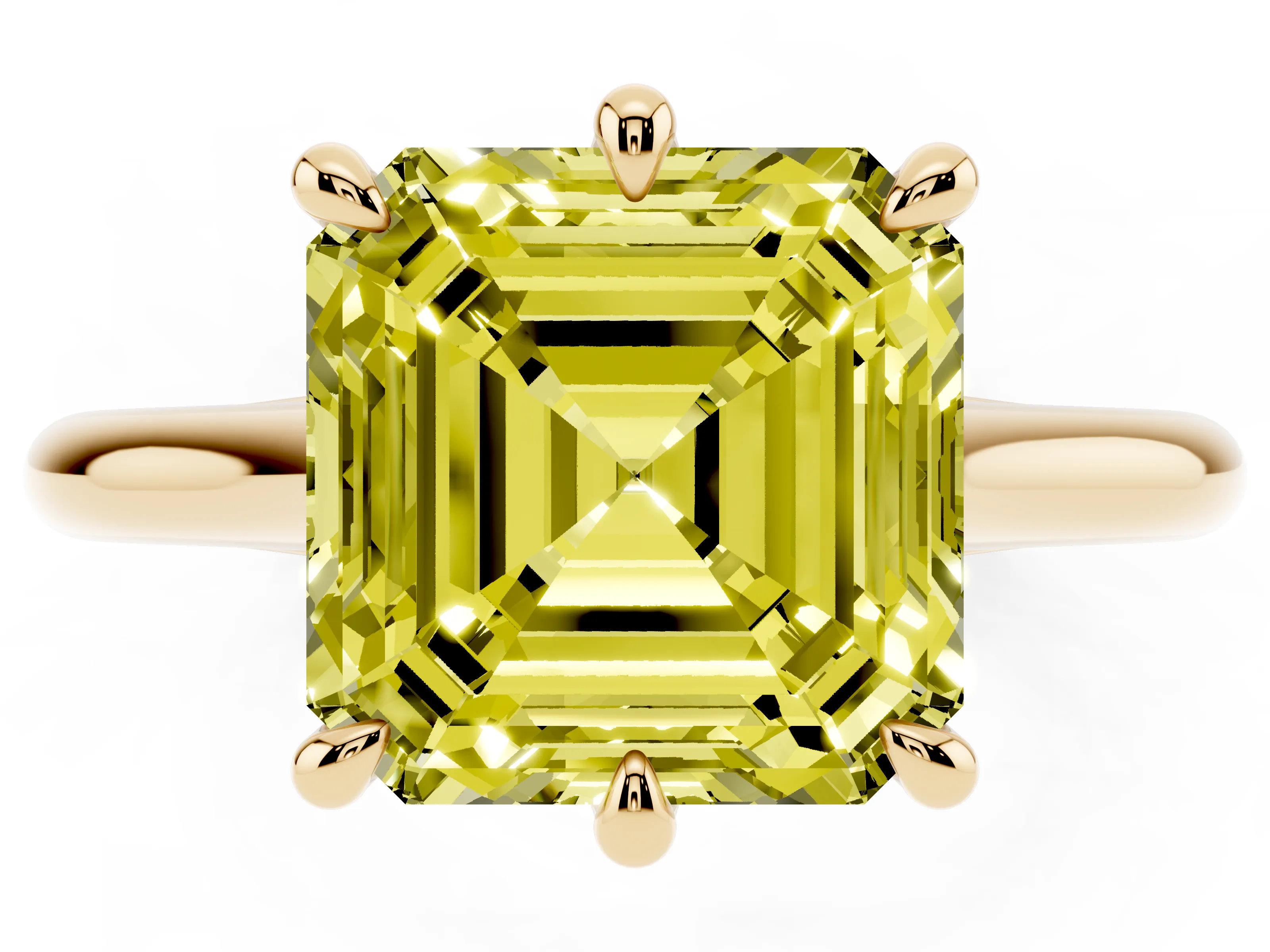 Fancy Yellow Asscher Cut Diamond Solitaire Engagement Ring Set in Yellow gold with Prong Setting and Plain Classic Band