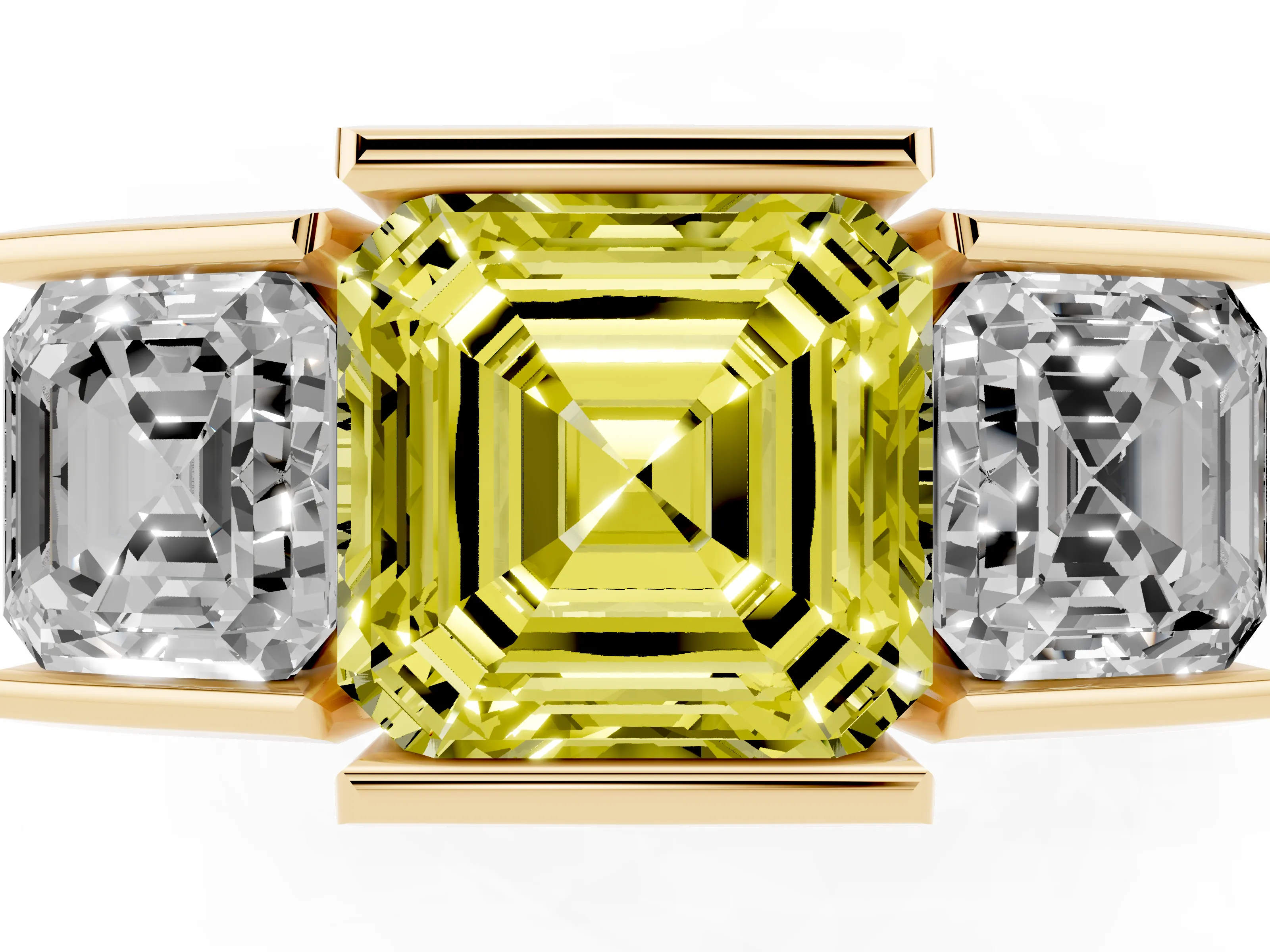 Fancy Yellow Asscher Cut Diamond Three-Stone Channel Set Ring Set in Yellow gold with Smooth Polished Band