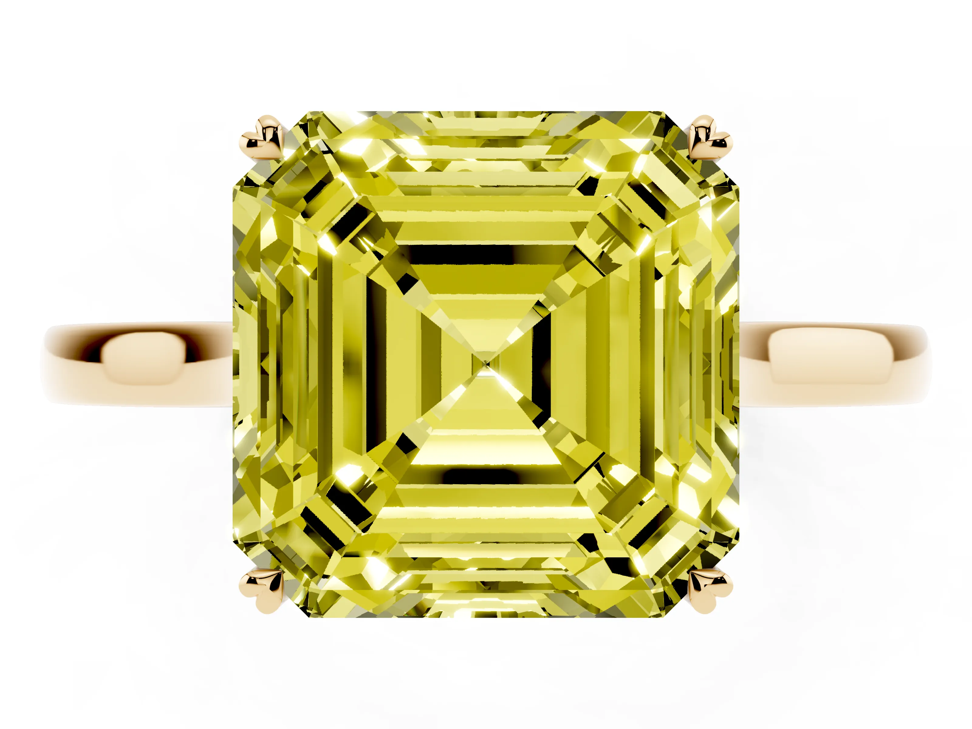 Fancy Yellow Asscher Cut Diamond Solitaire Heart Prong Engagement Ring Set in Yellow gold with Tapered Band