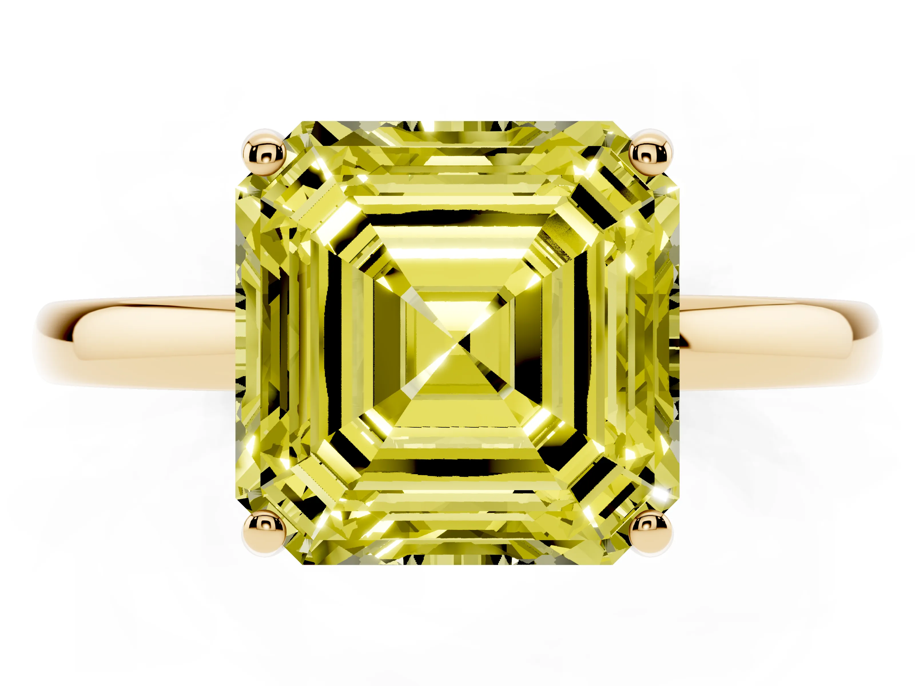 Fancy Yellow Asscher Cut Diamond Solitaire Ring Set in Yellow gold with Plain Band and Prong Setting