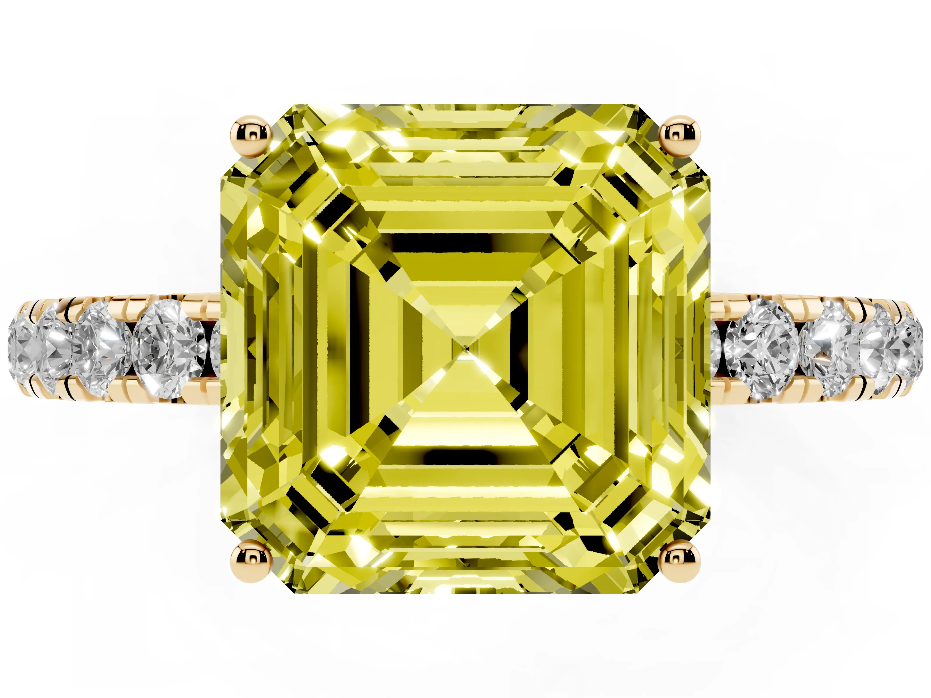 Fancy Yellow Asscher Cut Diamond Pavé Solitaire Engagement Ring Set in Yellow gold with Prong Setting
