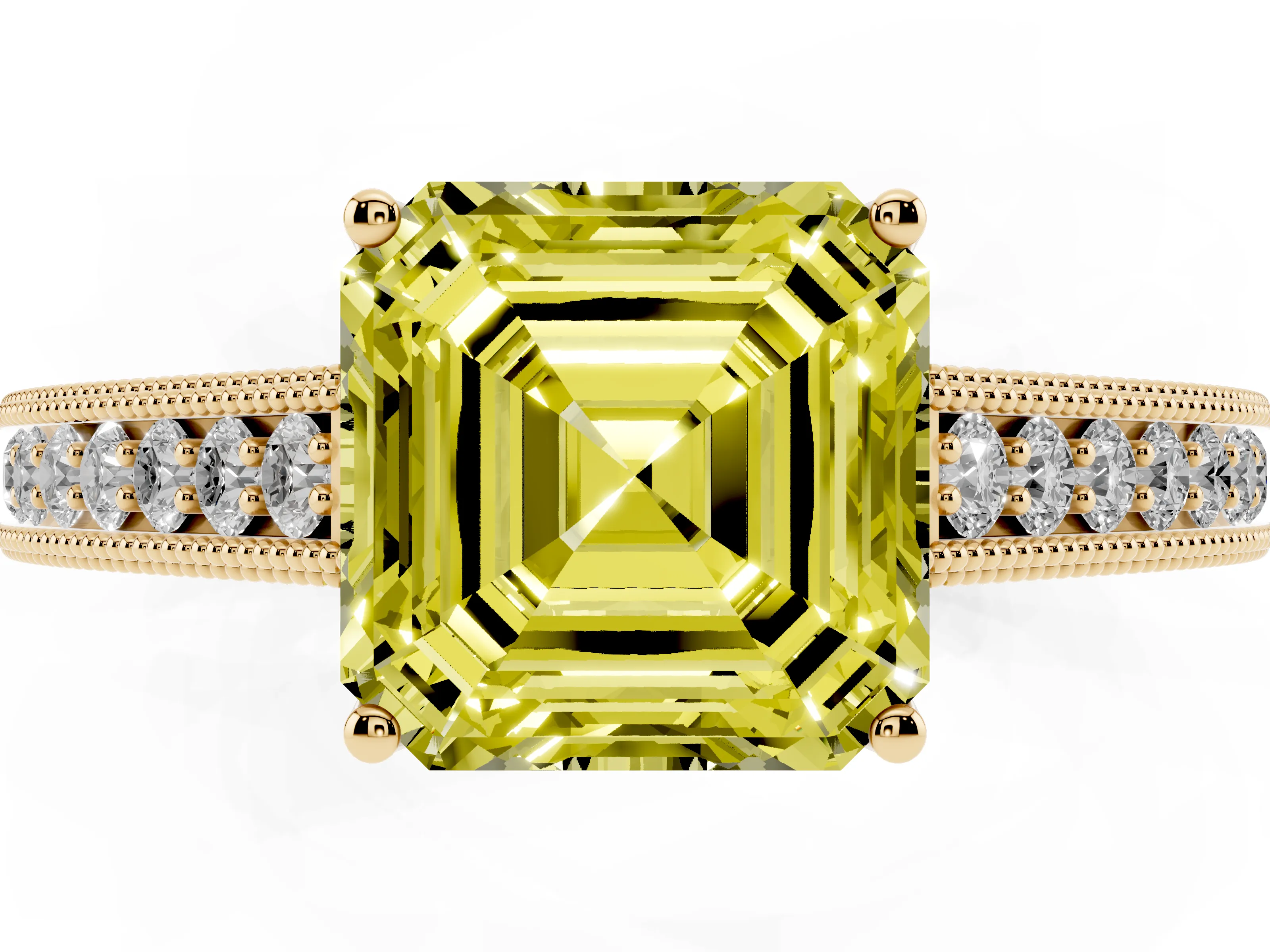 Fancy Yellow Asscher Cut Diamond Milgrain Pavé Band Solitaire Ring Set in Yellow gold with Prong Setting