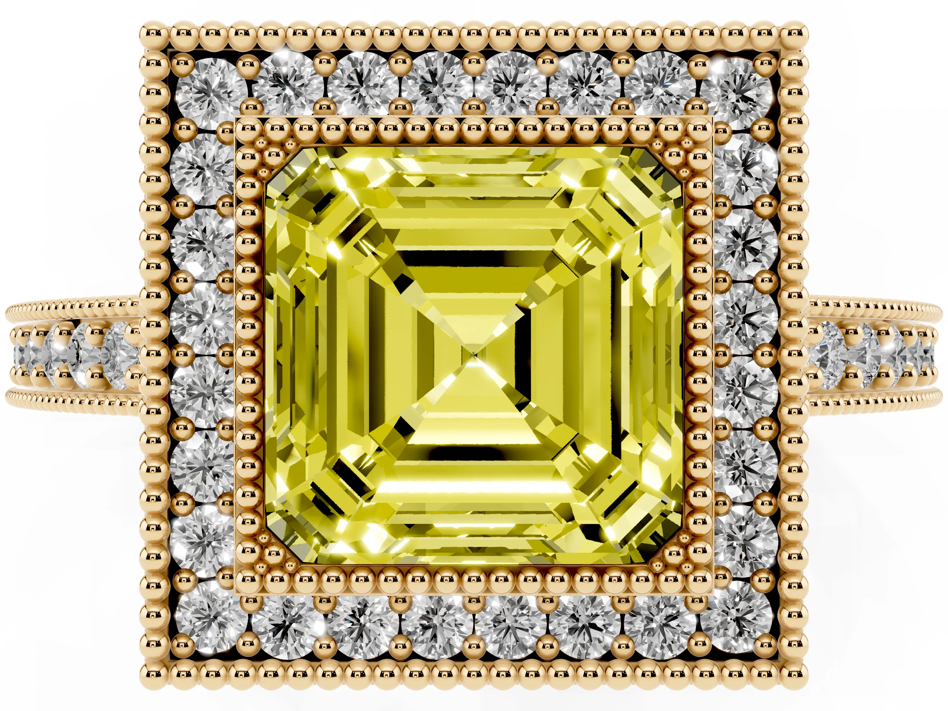 Fancy Yellow Asscher Cut Diamond Halo Engagement Ring Set in Yellow gold with Pavé Band and Round Halo Stones