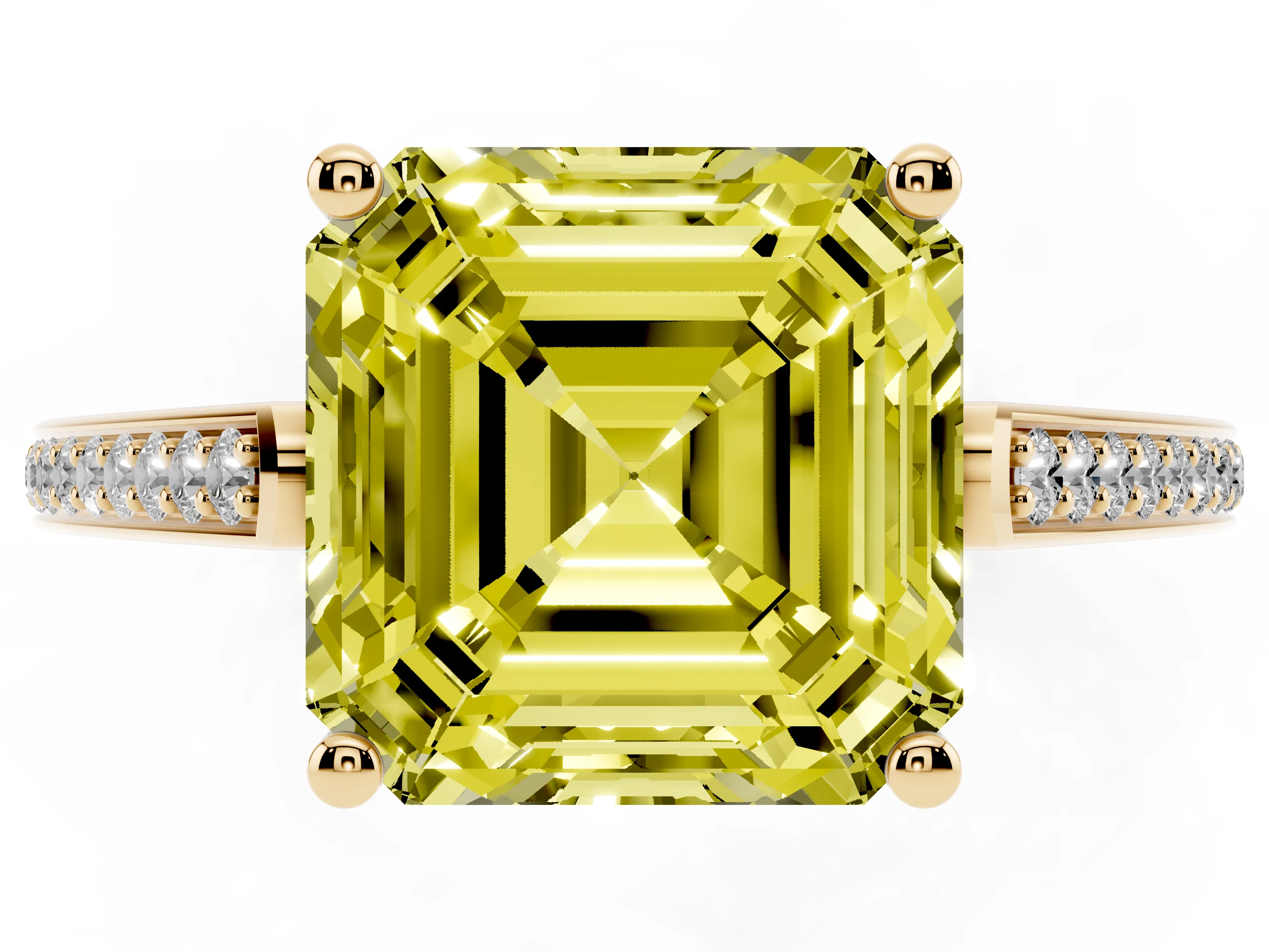 Fancy Yellow Asscher Cut Diamond Cathedral Pavé Engagement Ring Set in Yellow gold with Prong Setting
