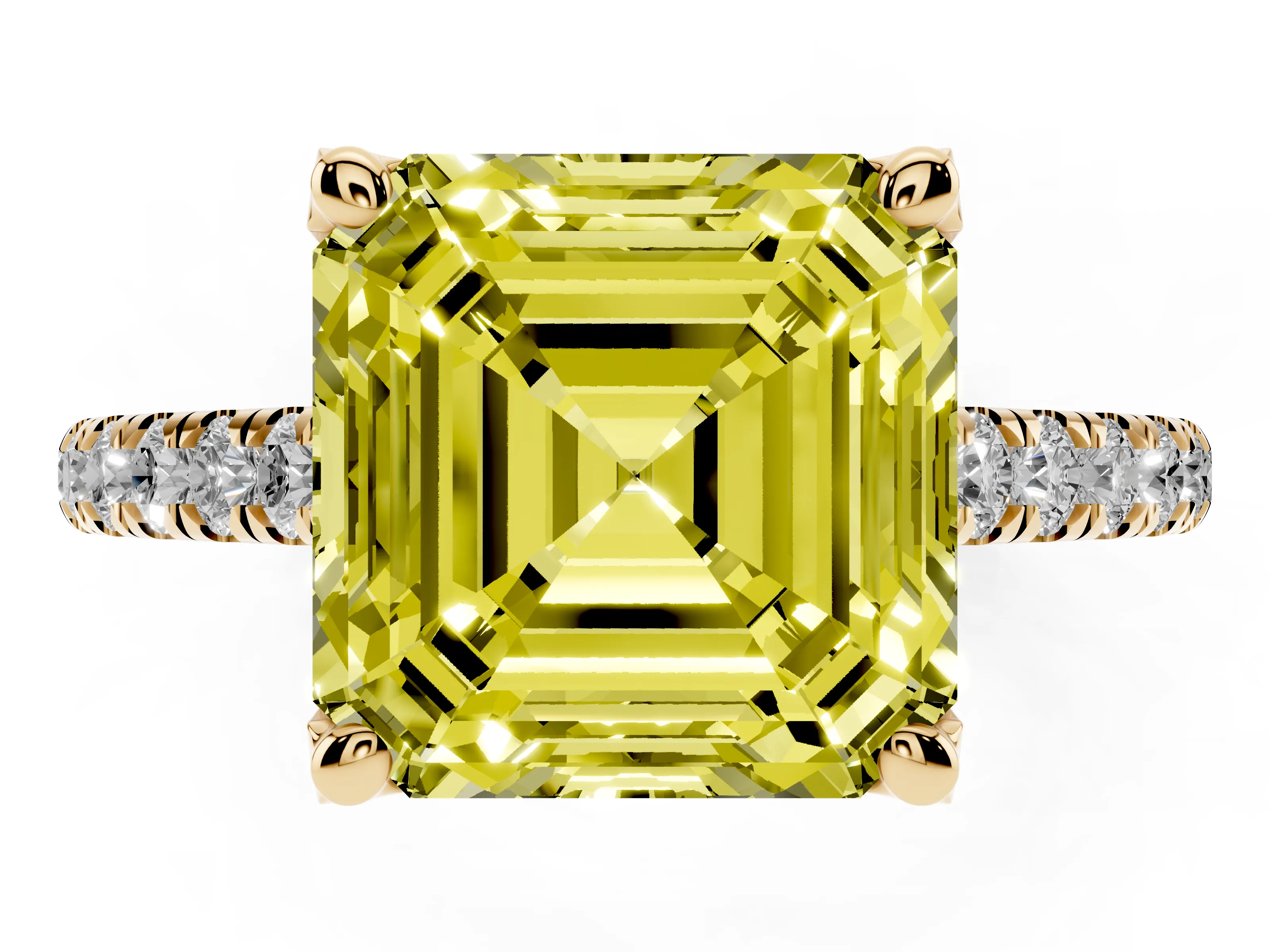 Fancy Yellow Asscher Cut Diamond Solitaire Ring Set in Yellow gold with Brilliant Pavé Band and Prong Setting