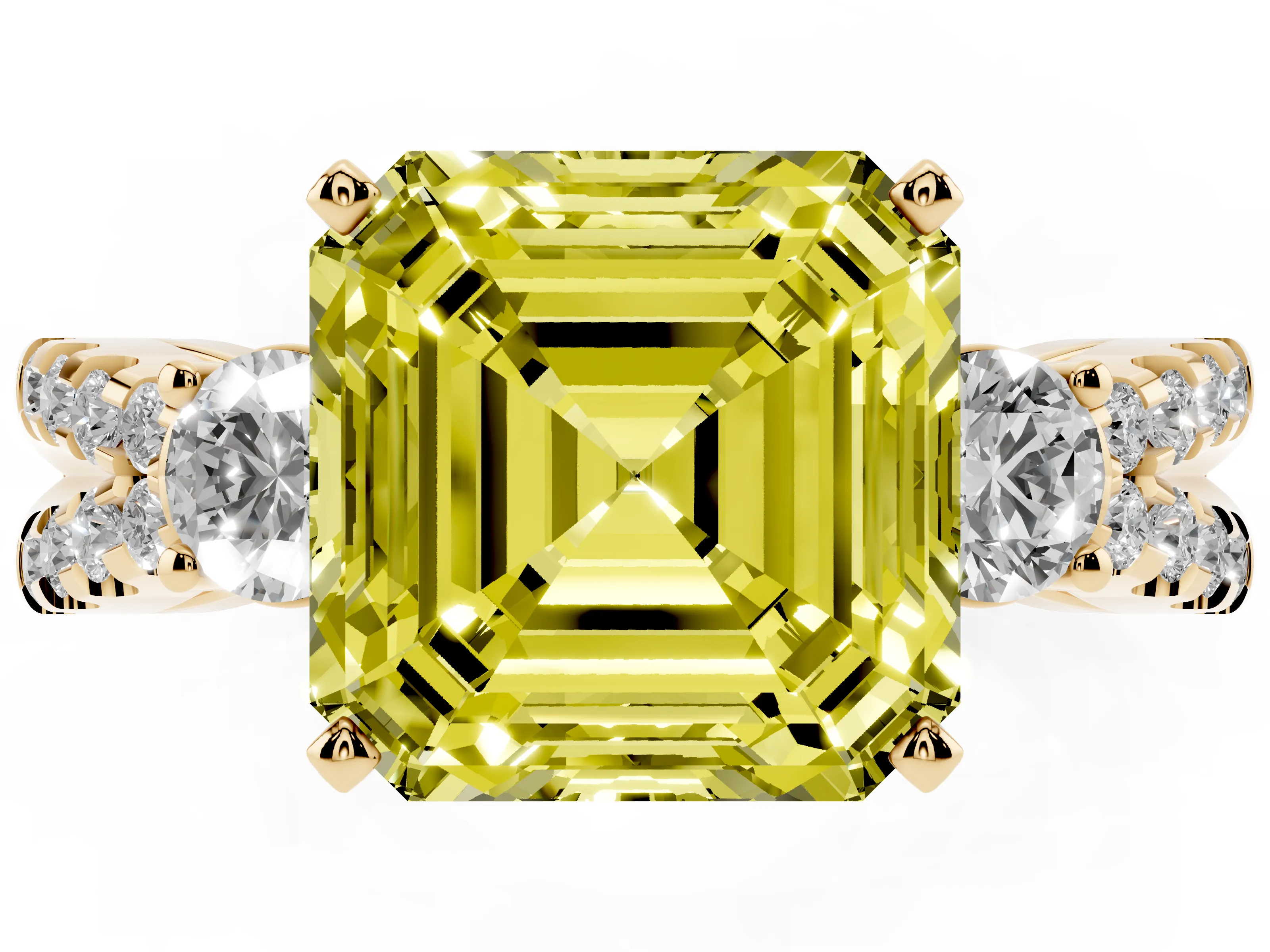 Fancy Yellow Asscher Cut Diamond Three-Stone Ring Set in Yellow gold with Pavé Split Shank and Prong Setting