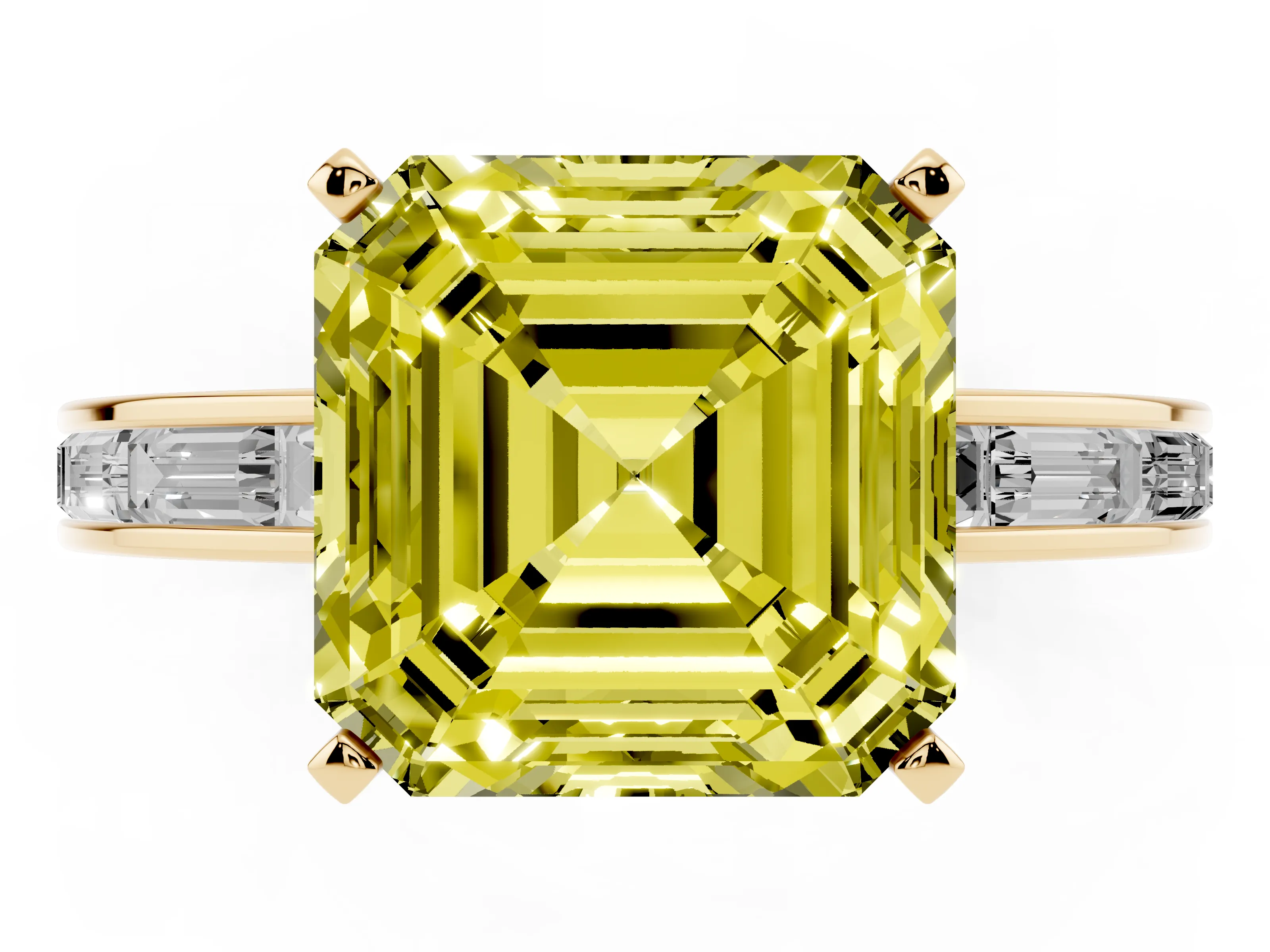 Fancy Yellow Asscher Cut Diamond Solitaire Ring Set in Yellow gold with Channel-Set Baguette Band and Prong Setting