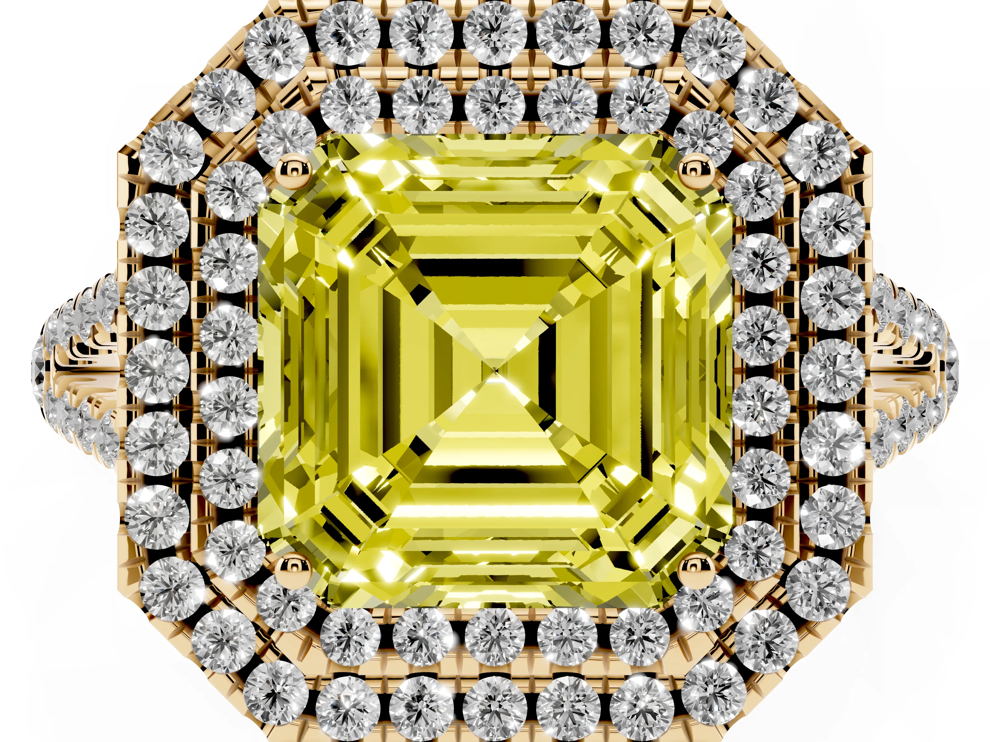 Fancy Yellow Asscher Cut Diamond Double Halo Ring Set in Yellow gold with Pavé Band