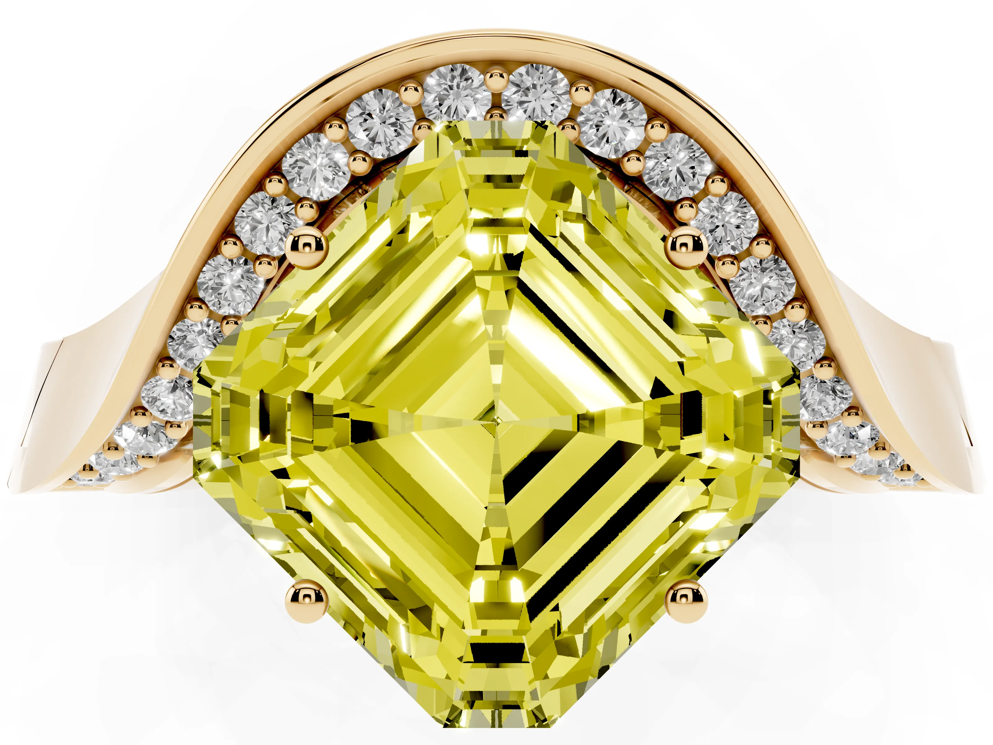 Fancy Yellow Asscher Cut Diamond Solitaire Engagement Ring Set in Yellow gold with Pavé Shoulders
