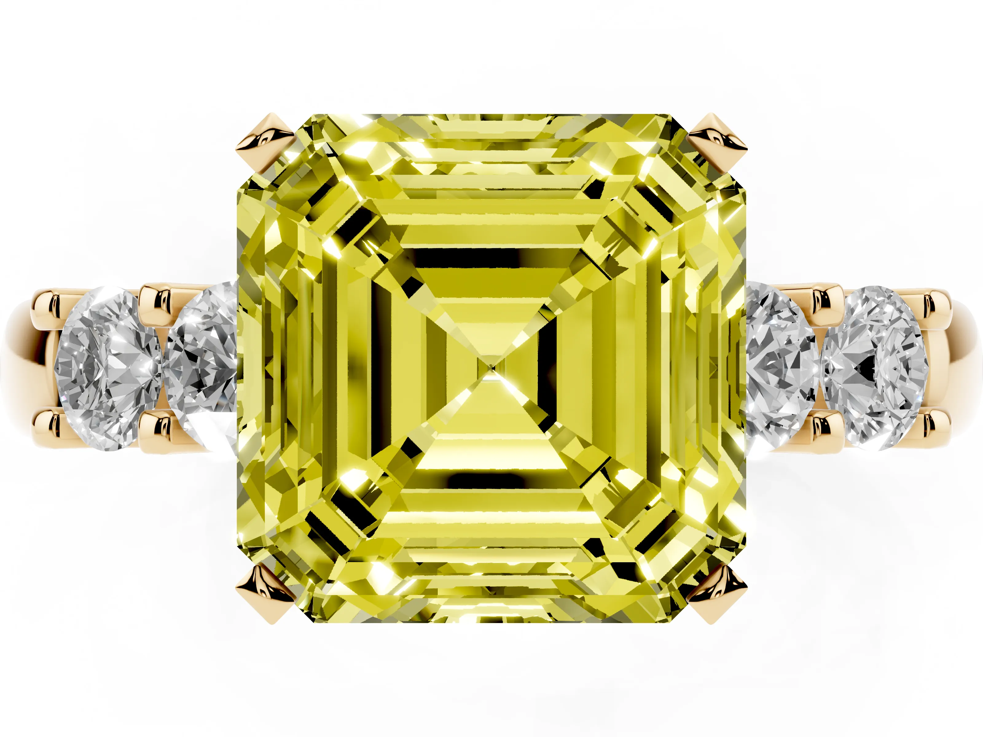 Fancy Yellow Asscher Cut Diamond Five-Stone Prong Set Engagement Ring Set in Yellow gold with Channel Band