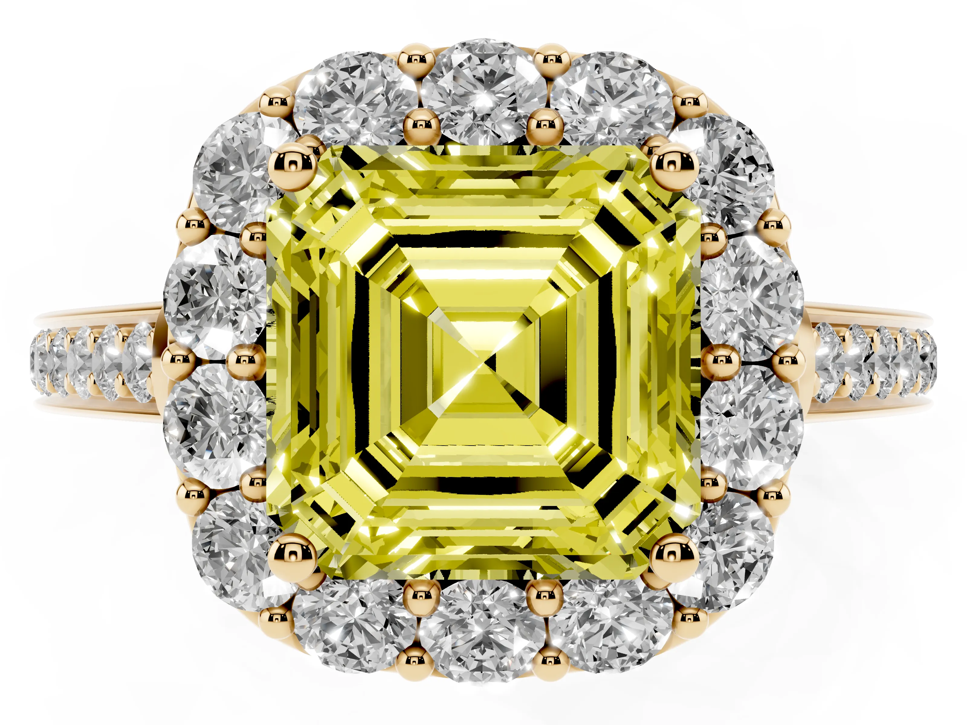 Fancy Yellow Asscher Cut Diamond Floral Halo Ring Set in Yellow gold with Pavé Band and Prong Setting