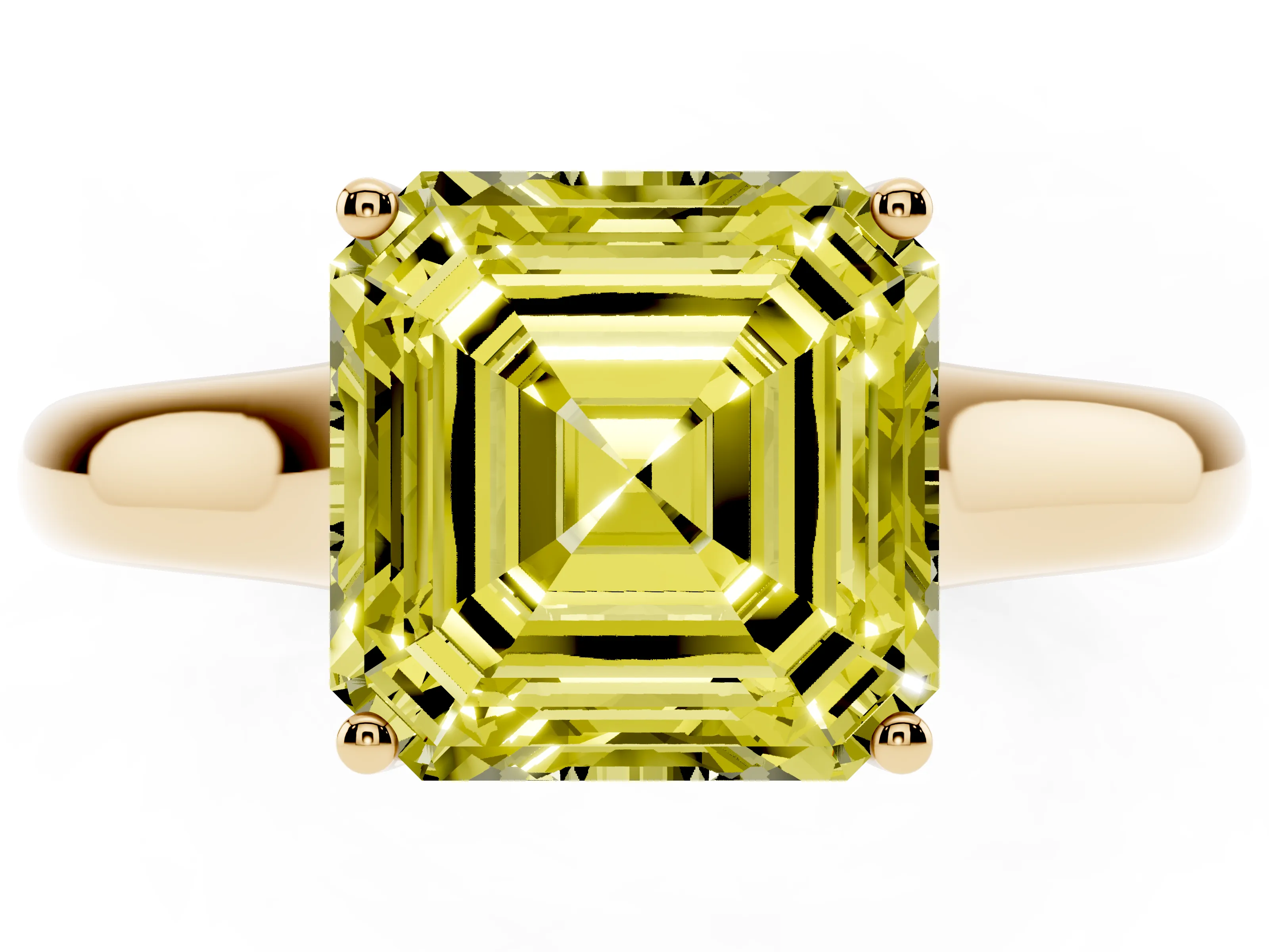 Fancy Yellow Asscher Cut Diamond Solitaire Engagement Ring Set in Yellow gold with Subtly Tapered Band and Prong Setting