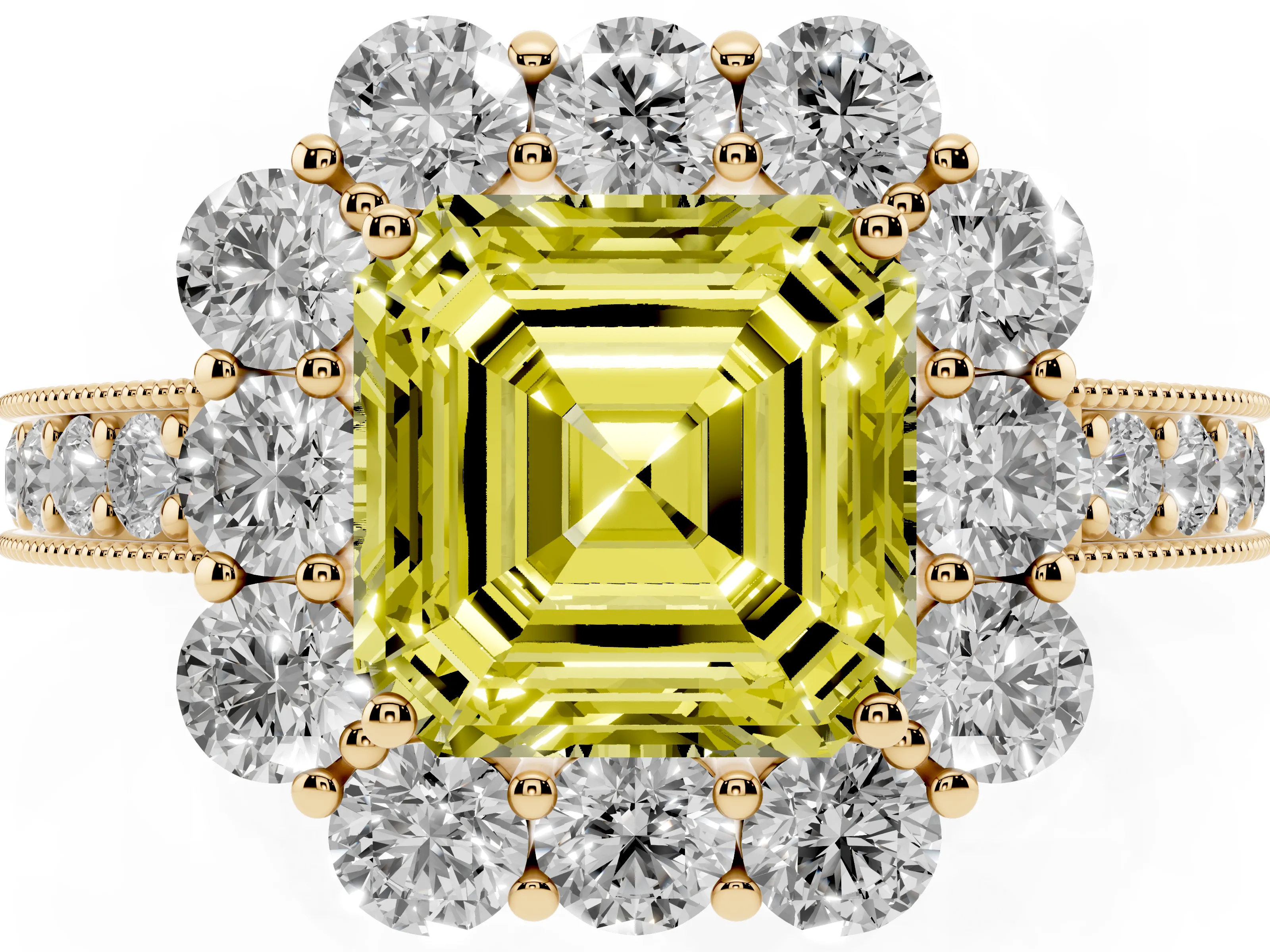Fancy Yellow Asscher Cut Diamond Halo Pavé Engagement Ring Set in Yellow gold with Milgrain Detailing