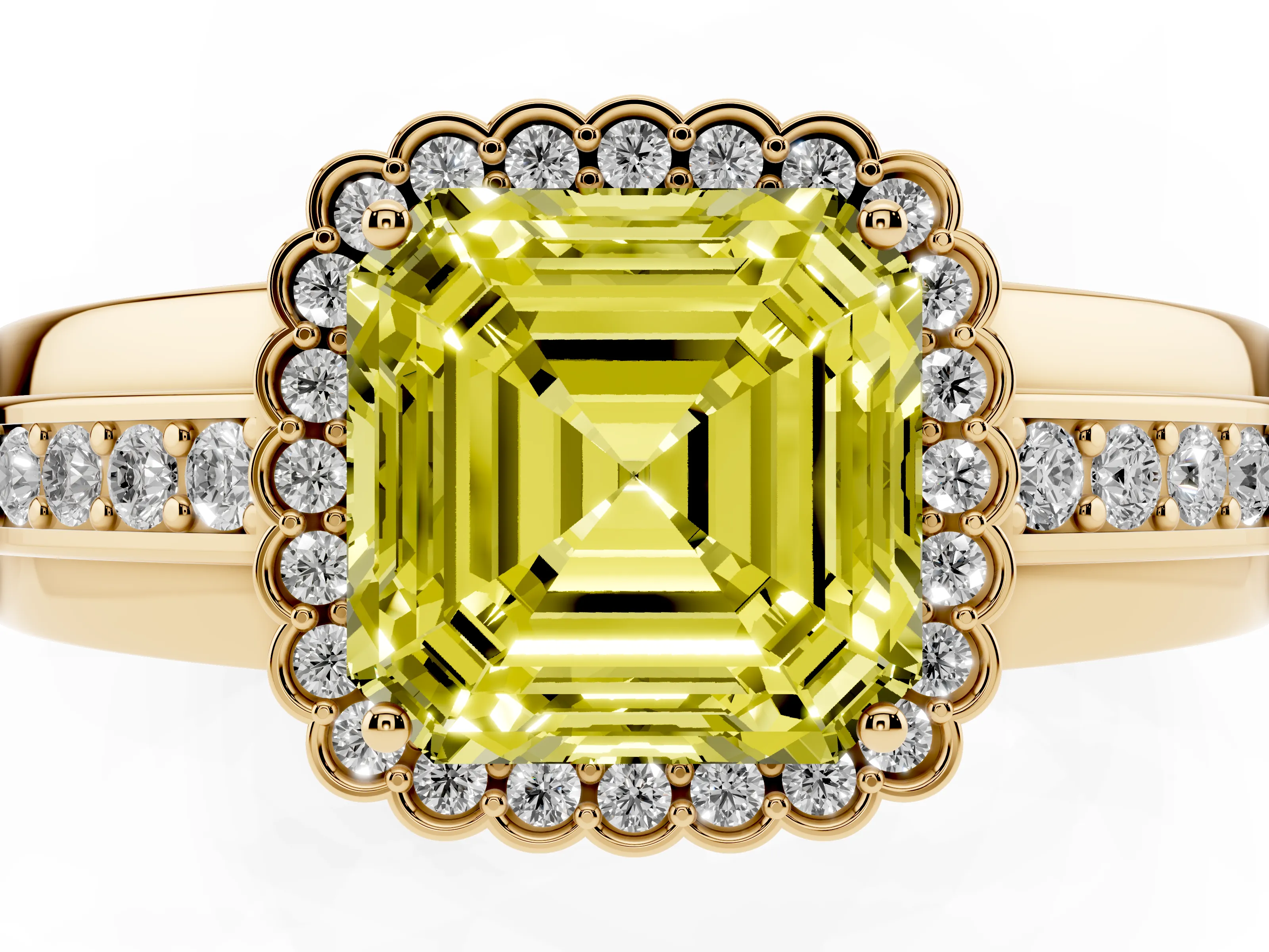 Fancy Yellow Asscher Cut Diamond Halo Prong Ring Set in Yellow gold with Pavé Band