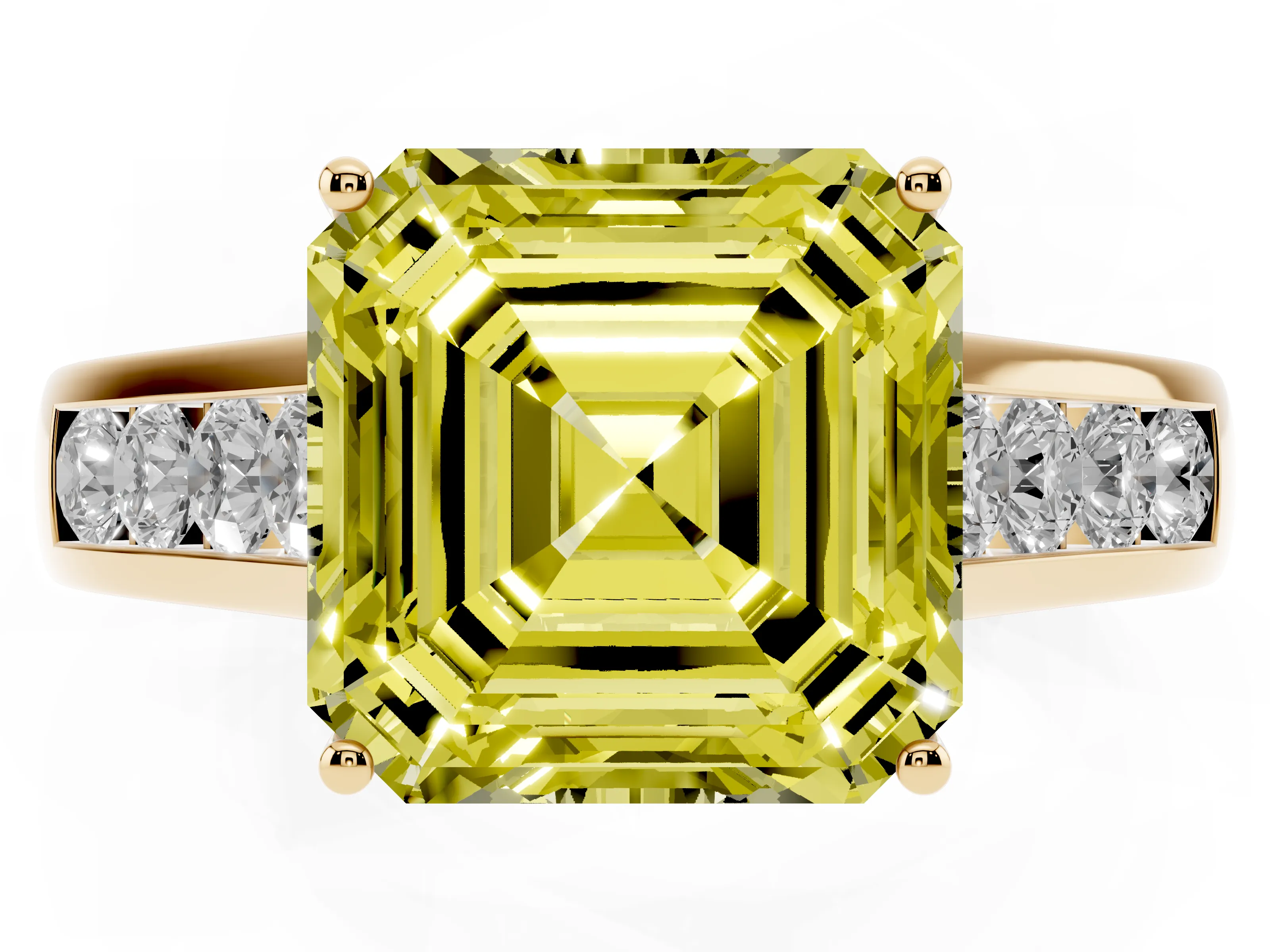 Fancy Yellow Asscher Cut Diamond Brilliant Channel-Set Solitaire Ring Set in Yellow gold with Prong Setting