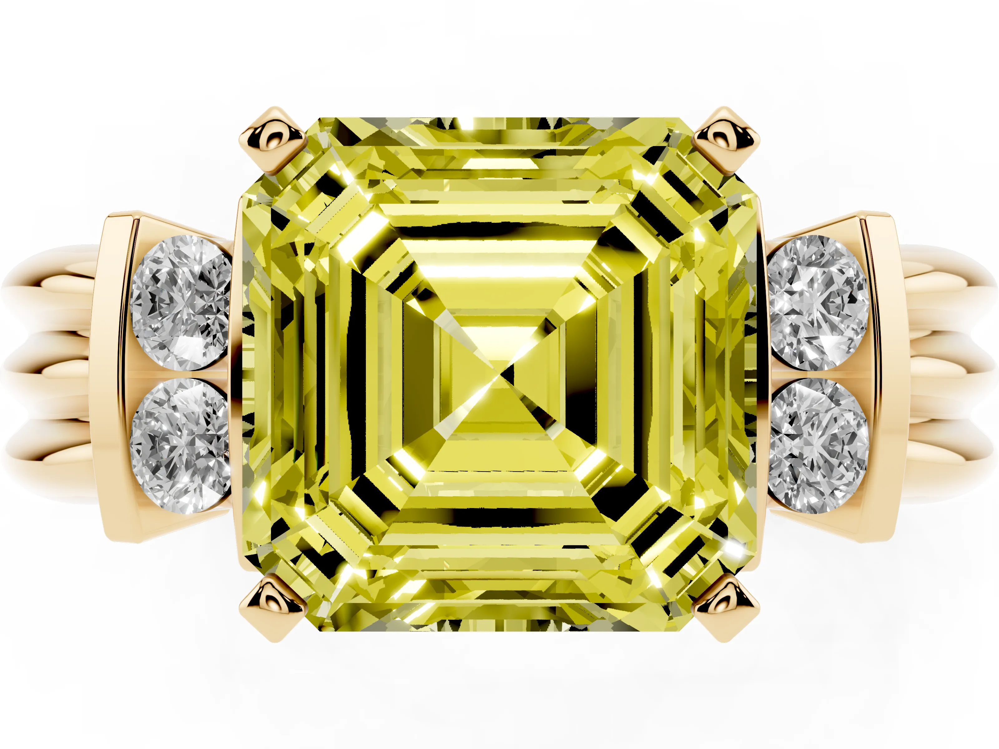 Fancy Yellow Three-Stone Asscher Cut Diamond Channel Set Ring Set in Yellow gold with Bar Prongs