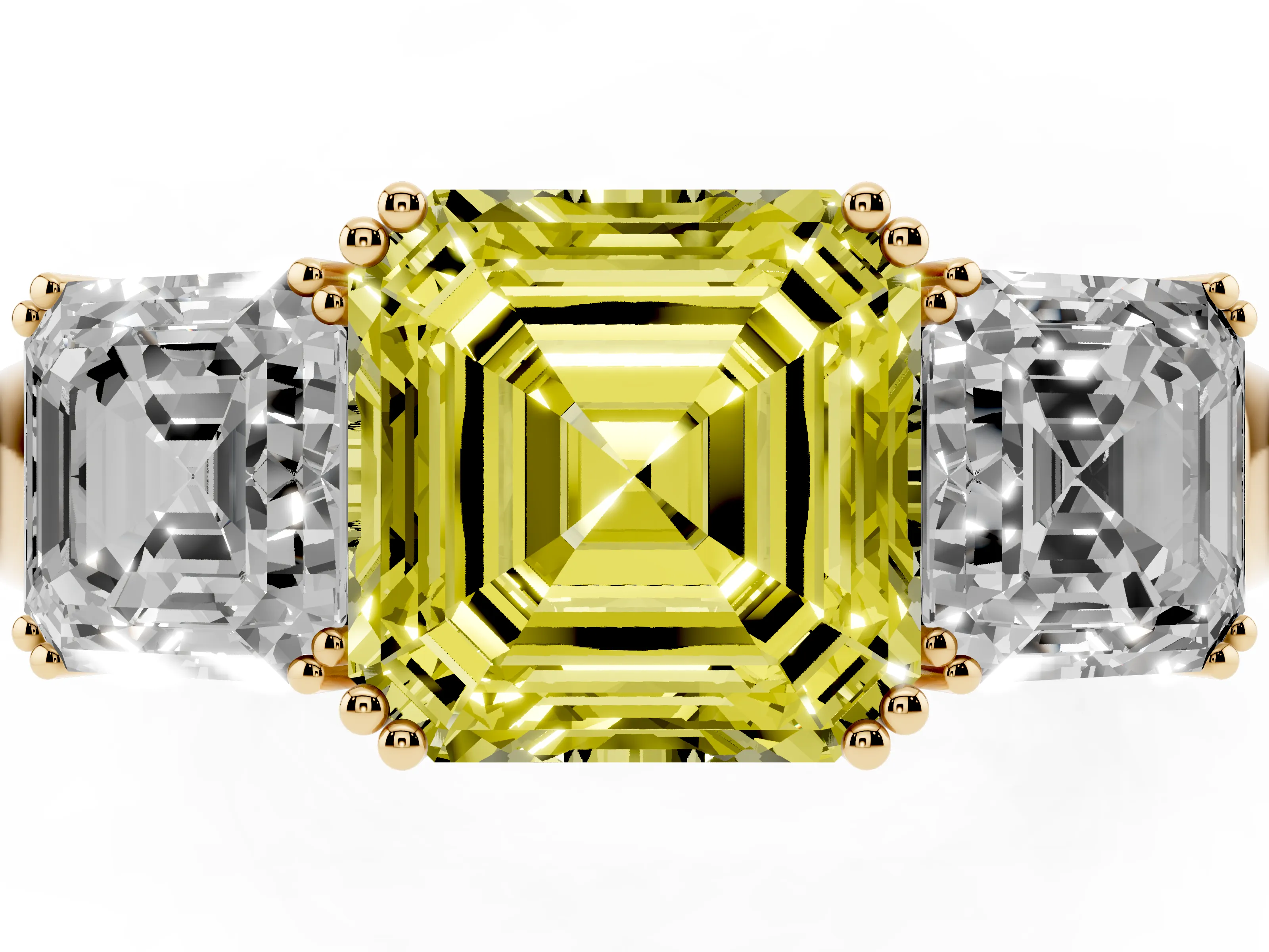 Fancy Yellow Asscher Cut Diamond Three-Stone Ring Set in Yellow gold with Polished Band and Prong Setting