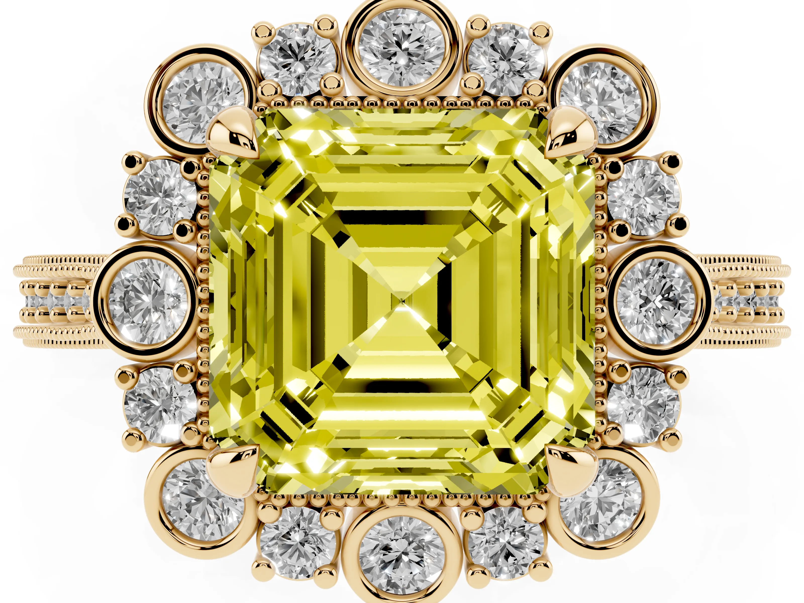 Fancy Yellow Asscher Cut Diamond Halo Milgrain Pavé Ring Set in Yellow gold with Prong Setting
