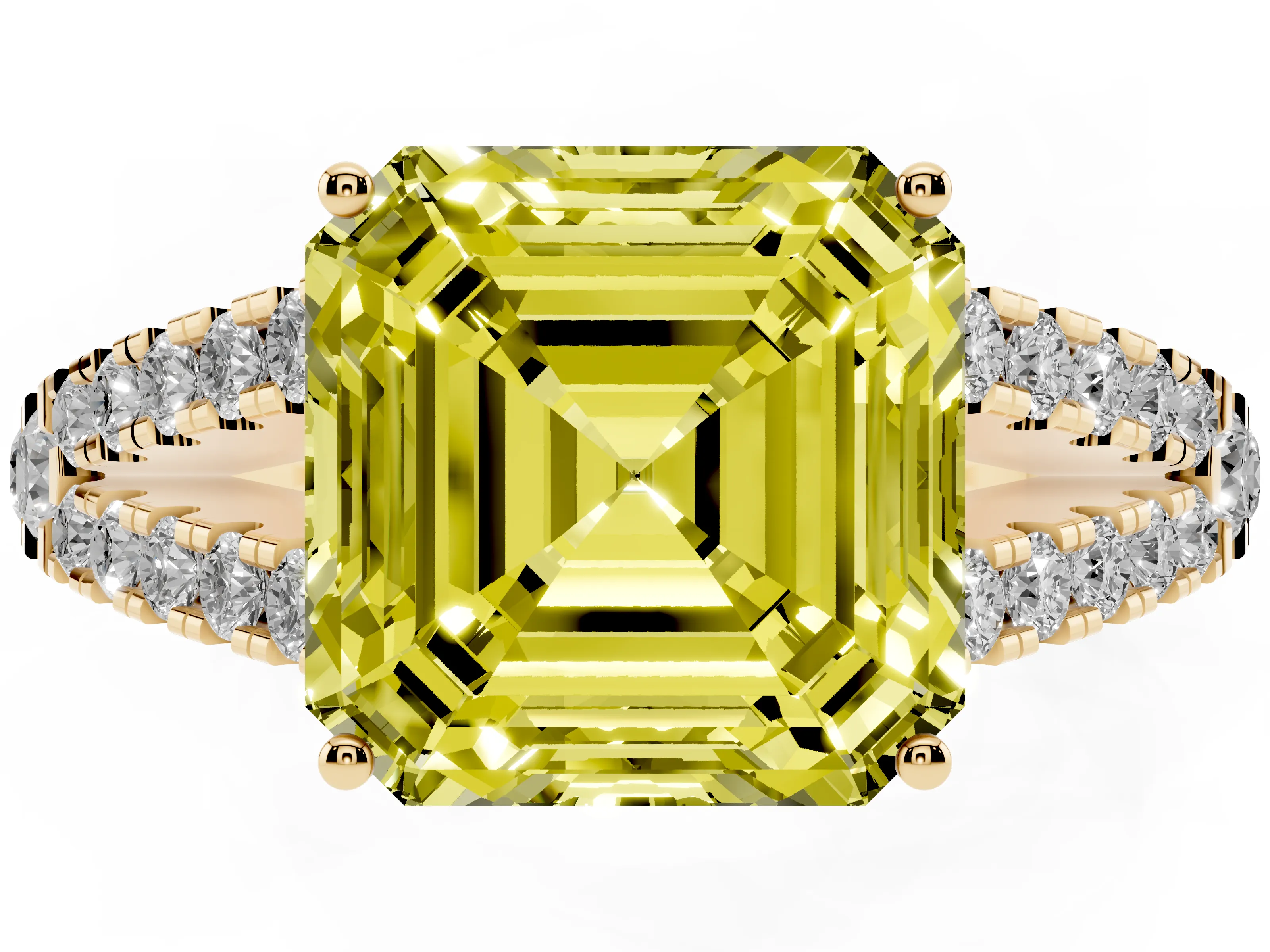 Fancy Yellow Asscher Cut Diamond Split Shank Engagement Ring Set in Yellow gold with Round Pavé and Prong Setting