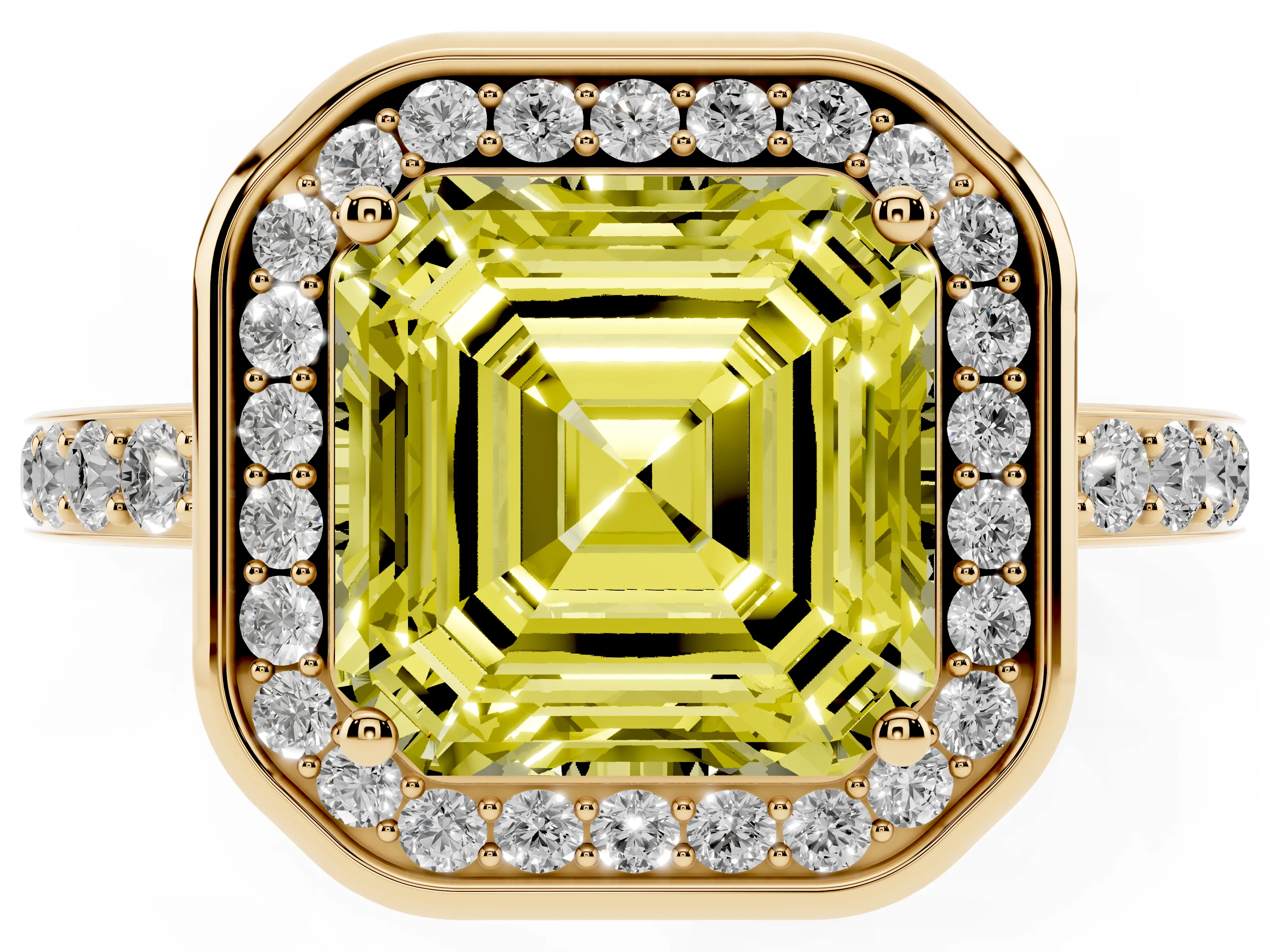 Fancy Yellow Asscher Cut Diamond Halo Ring Set in Yellow gold with Bezel Frame and Pavé Band