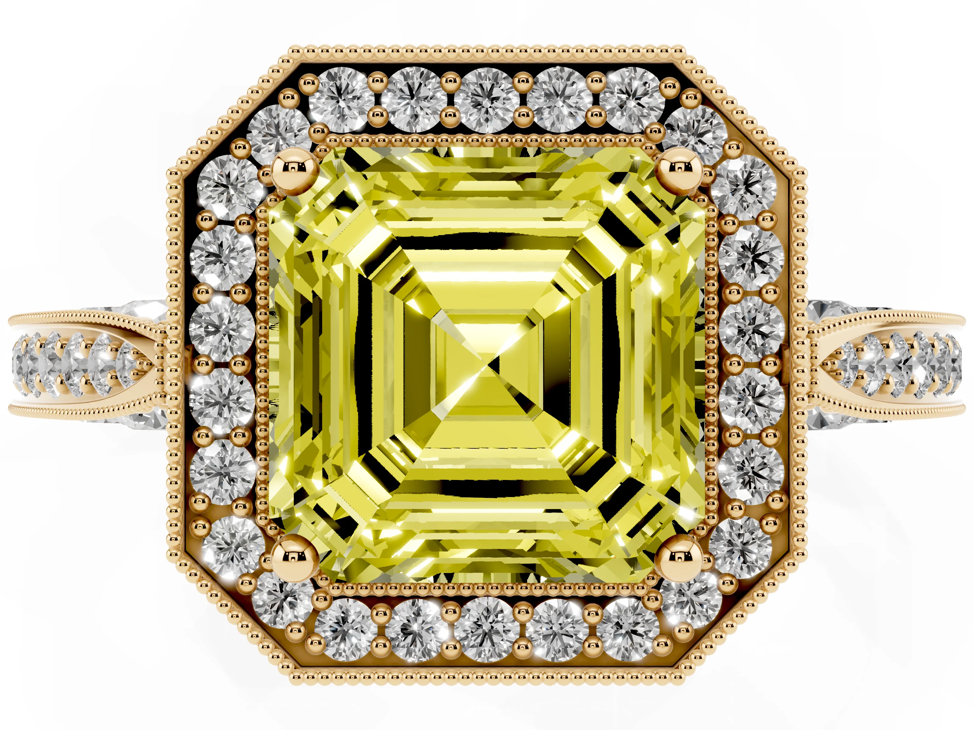 Fancy Yellow Asscher Cut Diamond Halo Engagement Ring Set in Yellow gold with Accent Split Shank Band