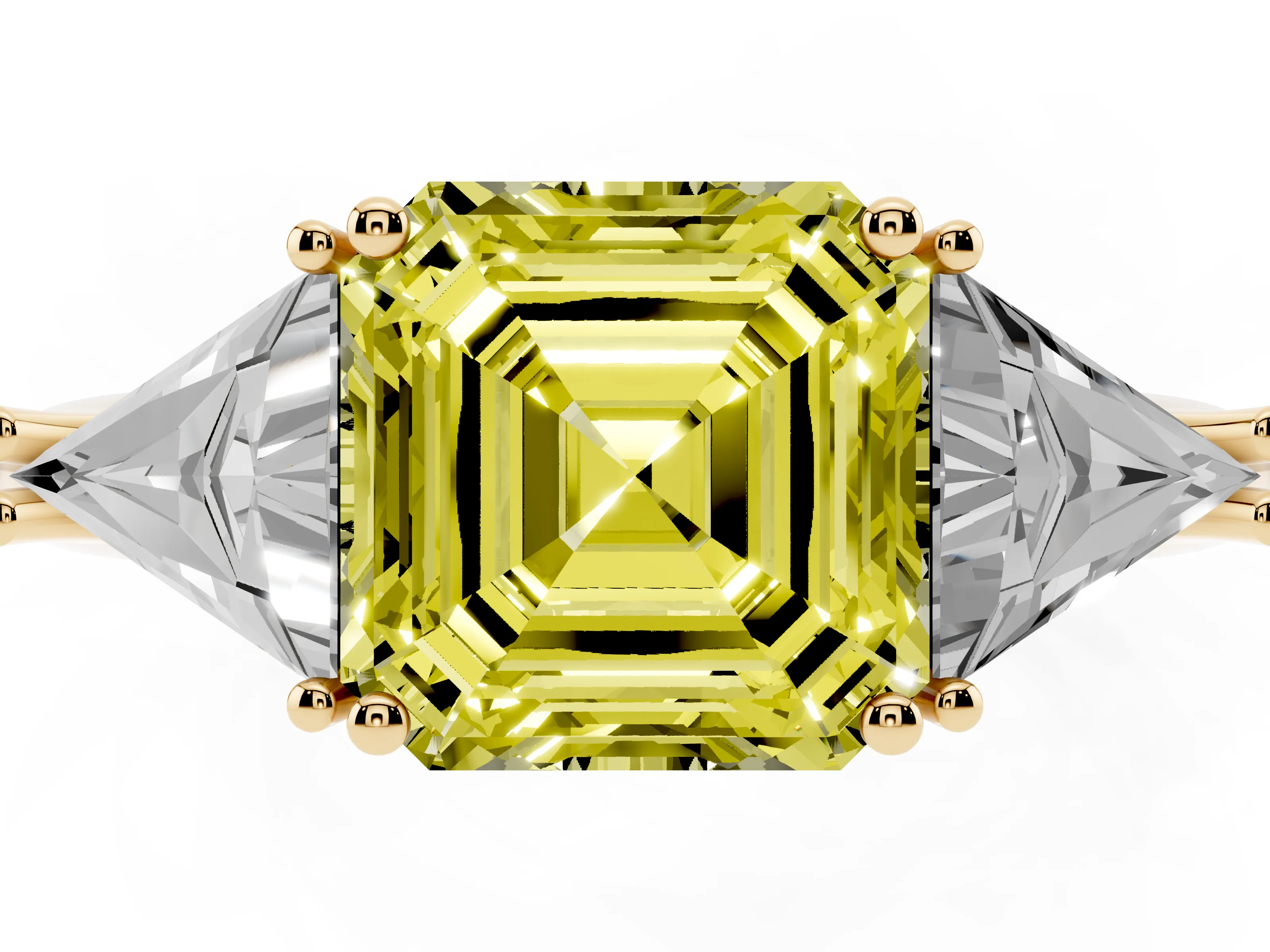 Fancy Yellow Asscher Cut Diamond Three-Stone Engagement Ring Set in Yellow gold with Trillion Side Stones