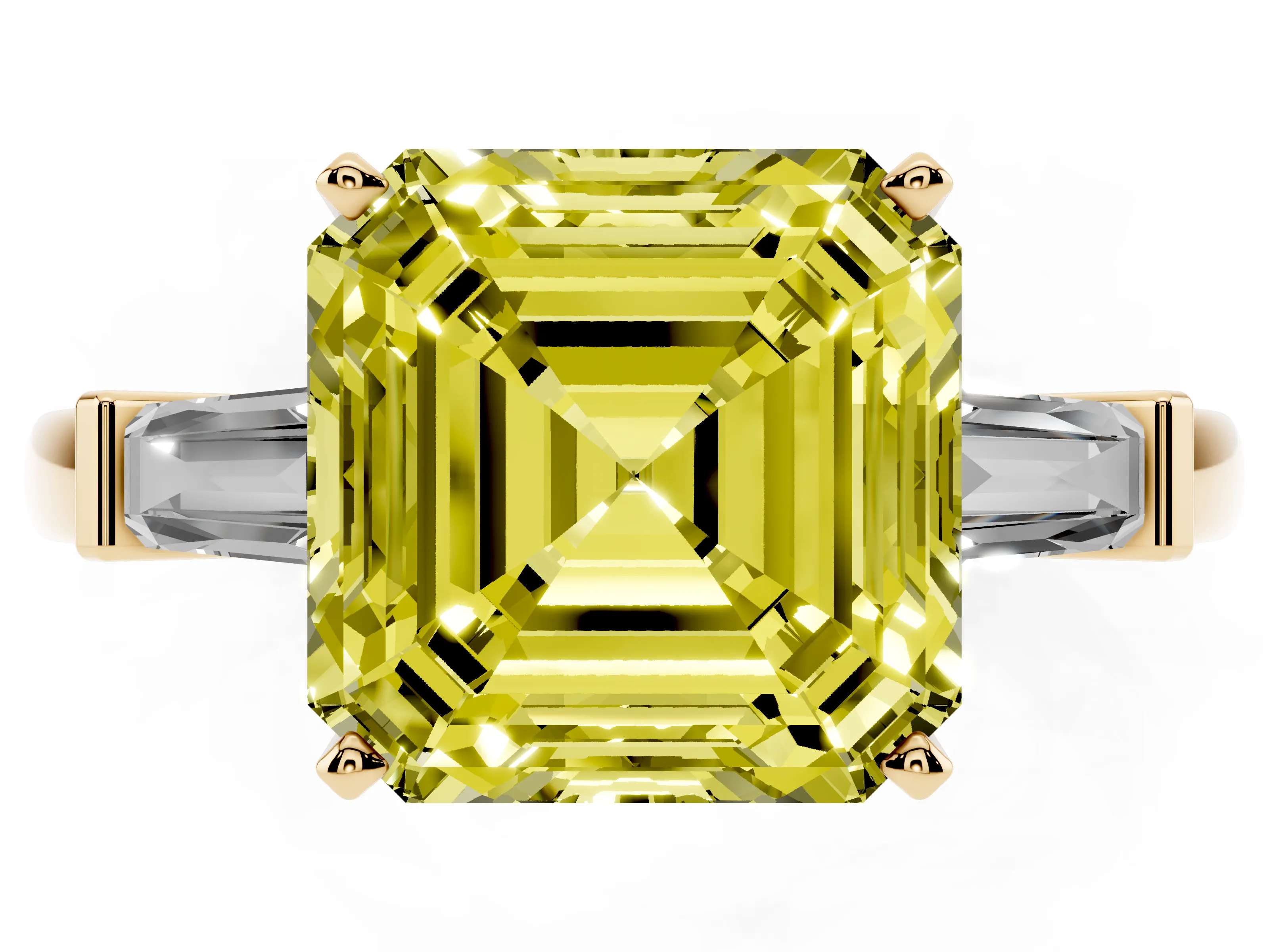 Fancy Yellow Asscher Cut Diamond Solitaire Ring Set in Yellow gold with Tapered Baguette Accents and Prong Setting