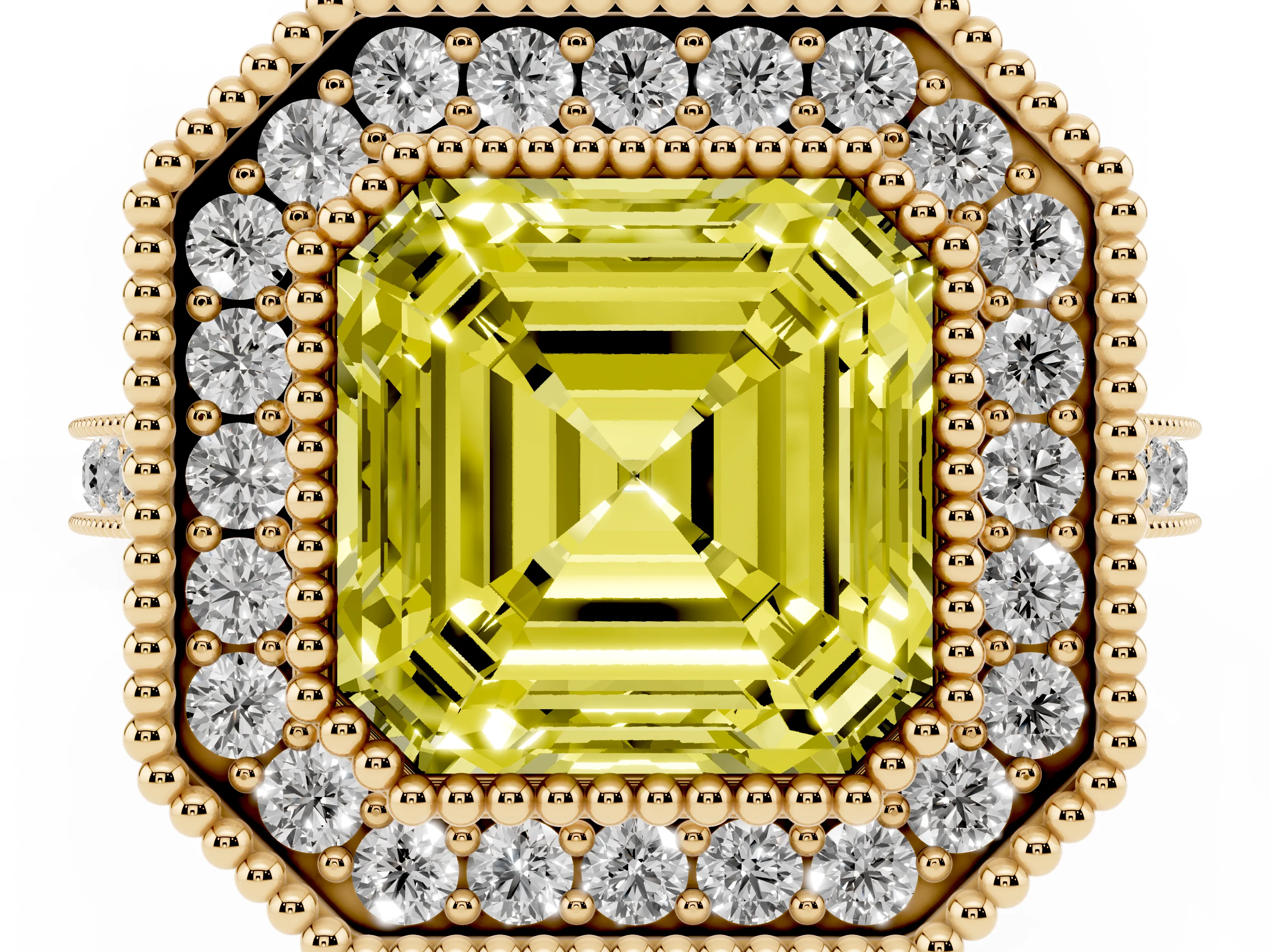 Fancy Yellow Asscher Cut Diamond Halo Ring Set in Yellow gold with Milgrain Frame and Pavé Band