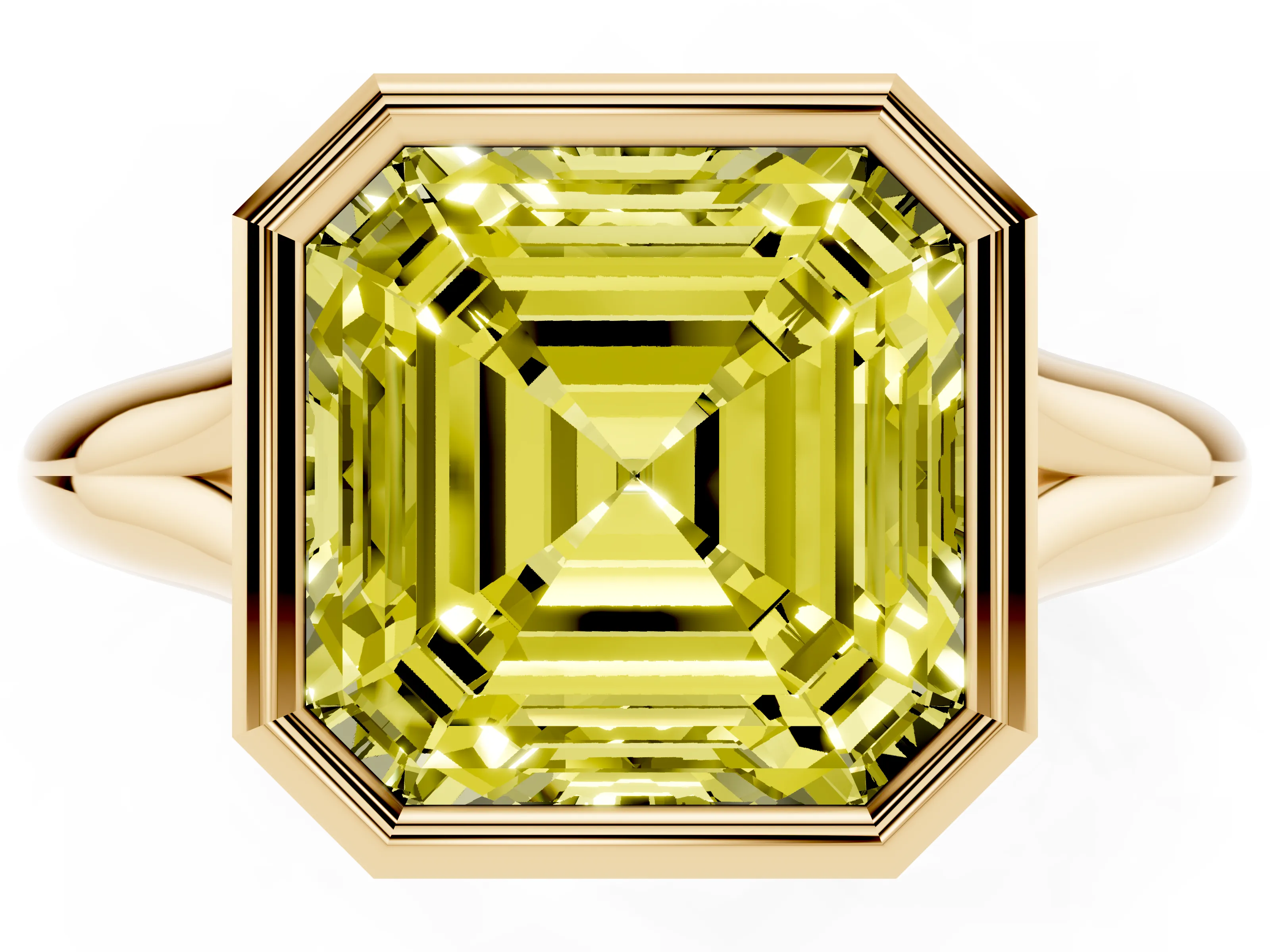 Fancy Yellow Bezel Set Asscher Cut Diamond Solitaire Ring Set in Yellow gold with Smooth Band