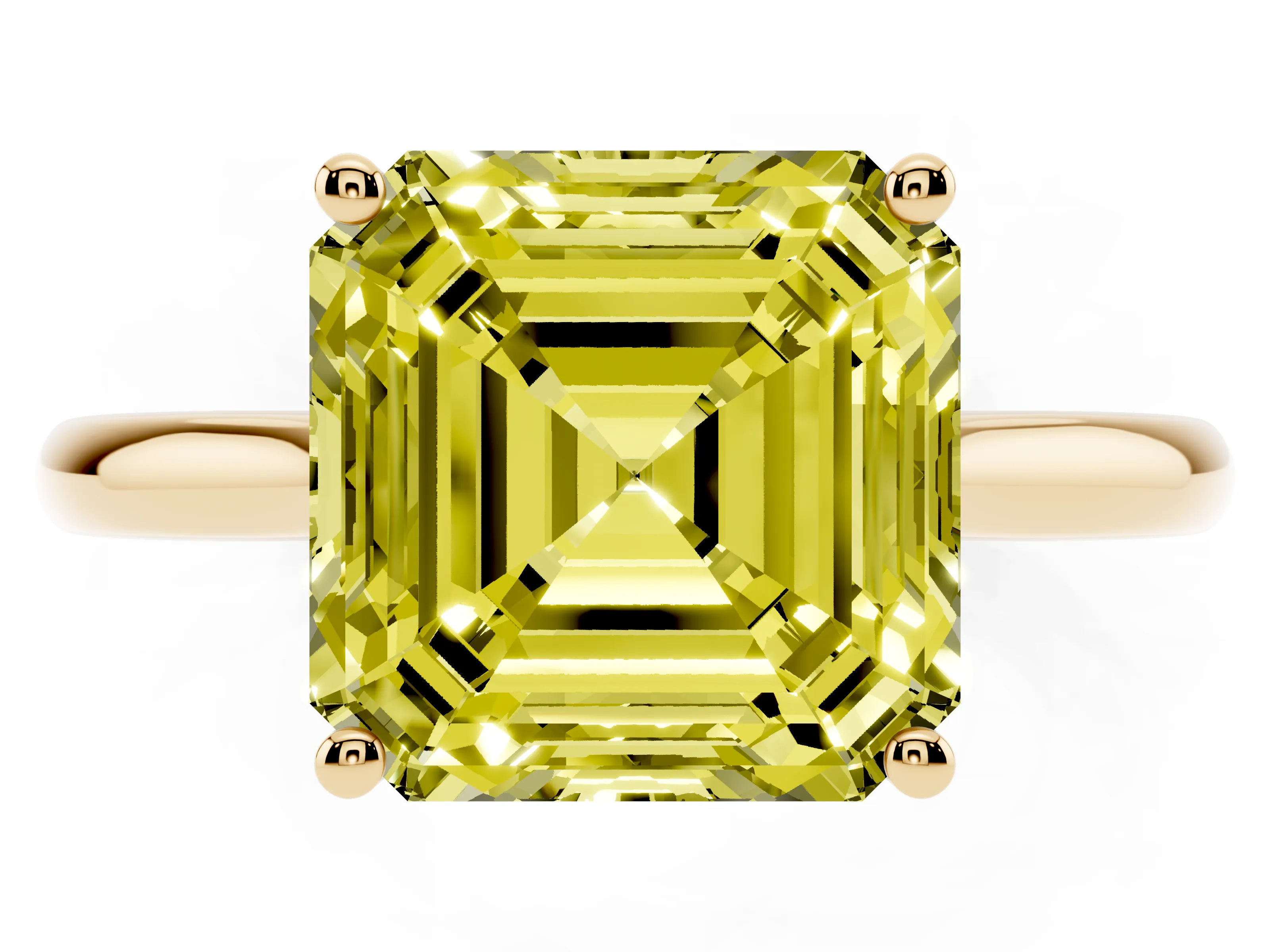 Fancy Yellow Asscher Cut Diamond Solitaire Ring Set in Yellow gold with Cathedral Band and Prong Setting