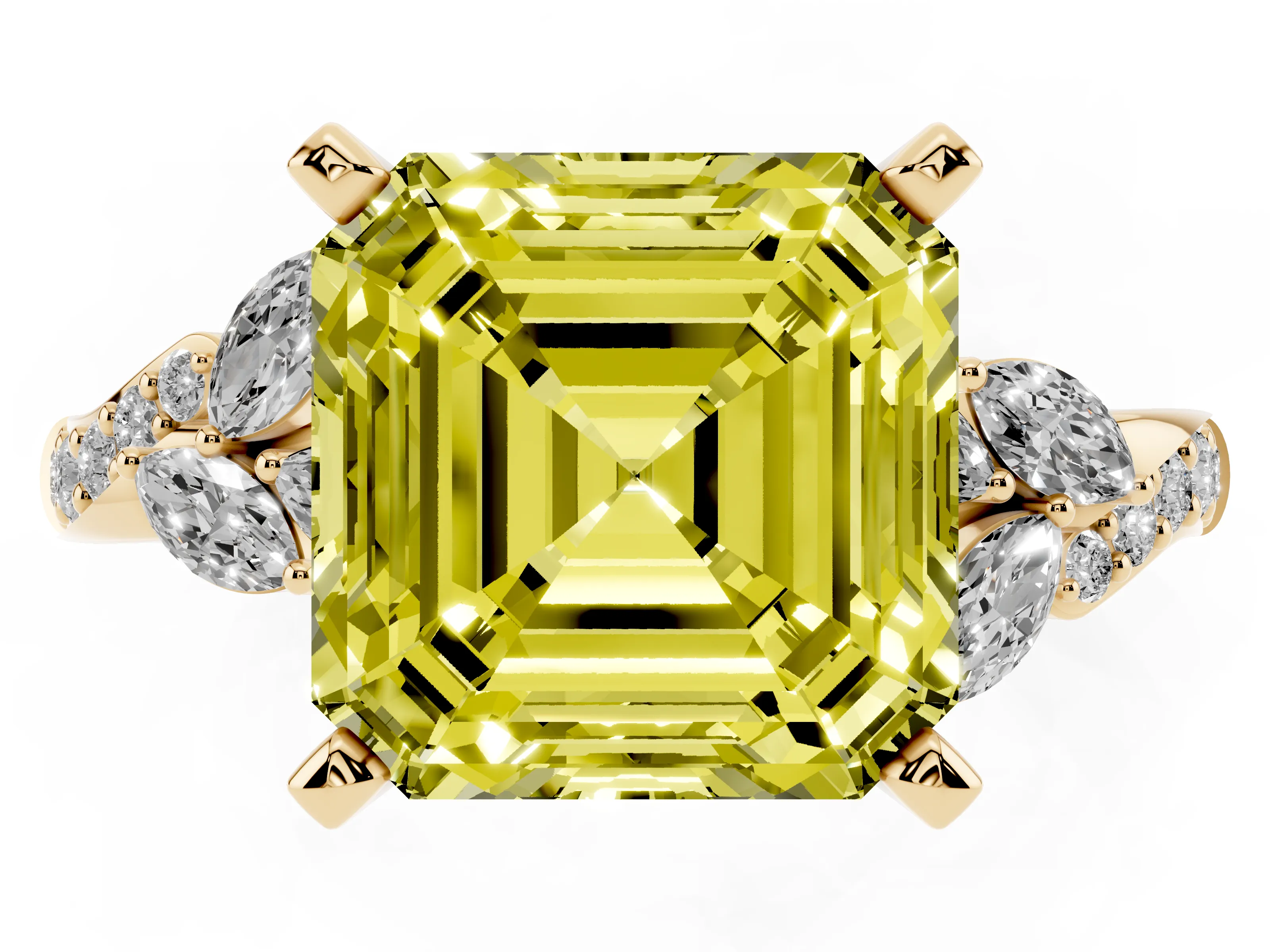 Fancy Yellow Asscher Cut Diamond Solitaire Ring Set in Yellow gold with Marquise Twist Band and Prong Setting