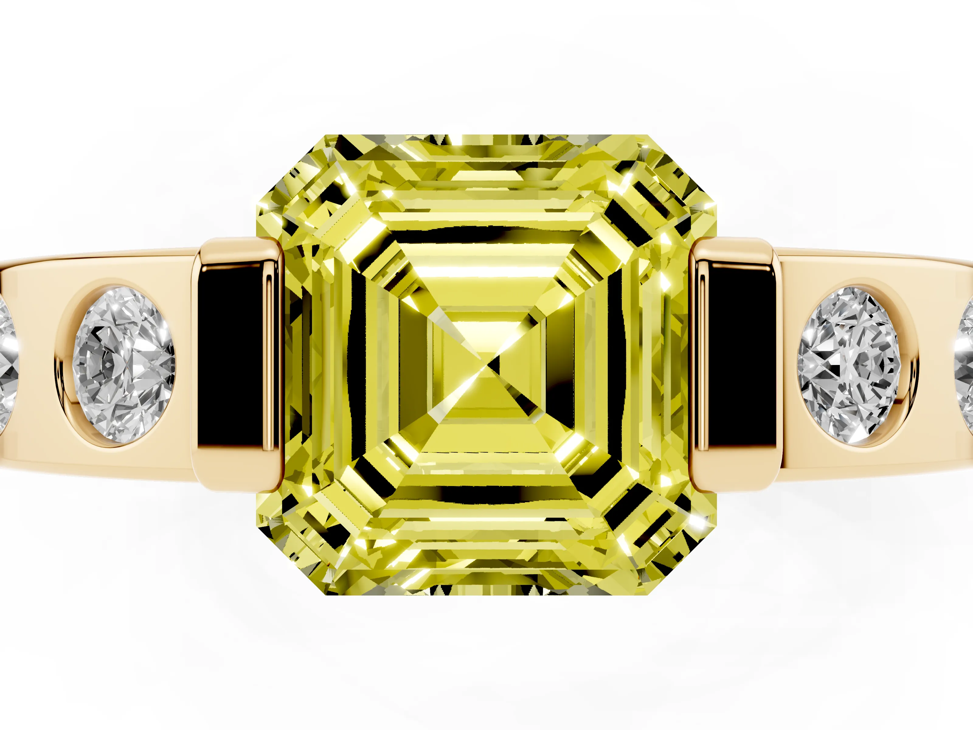 Fancy Yellow Asscher Cut Diamond Channel-Set Band Ring Set in Yellow gold with Bezel Prong Setting