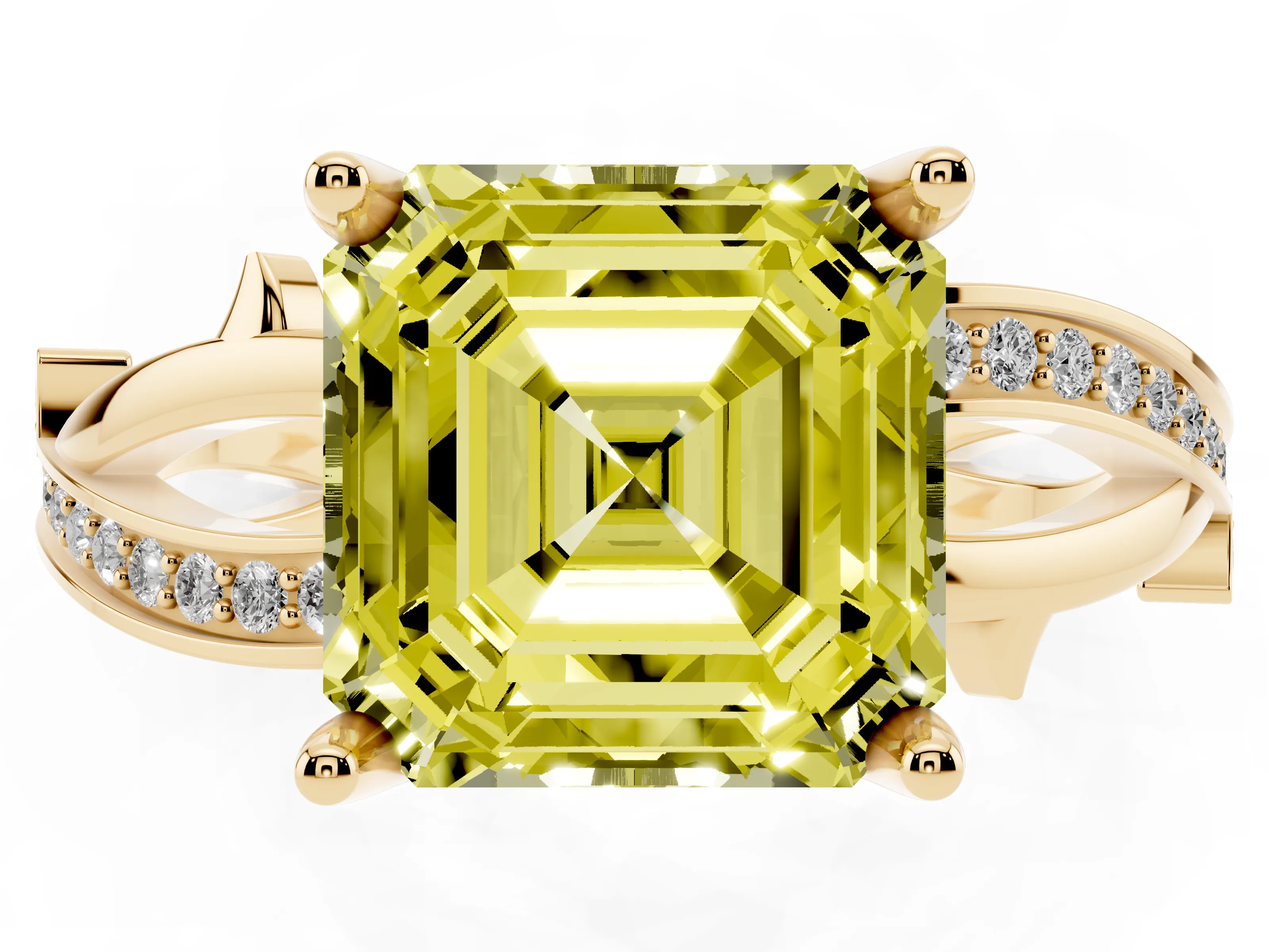 Fancy Yellow Asscher Cut Diamond Pavé Twist Band Solitaire Ring Set in Yellow gold with Prong Setting