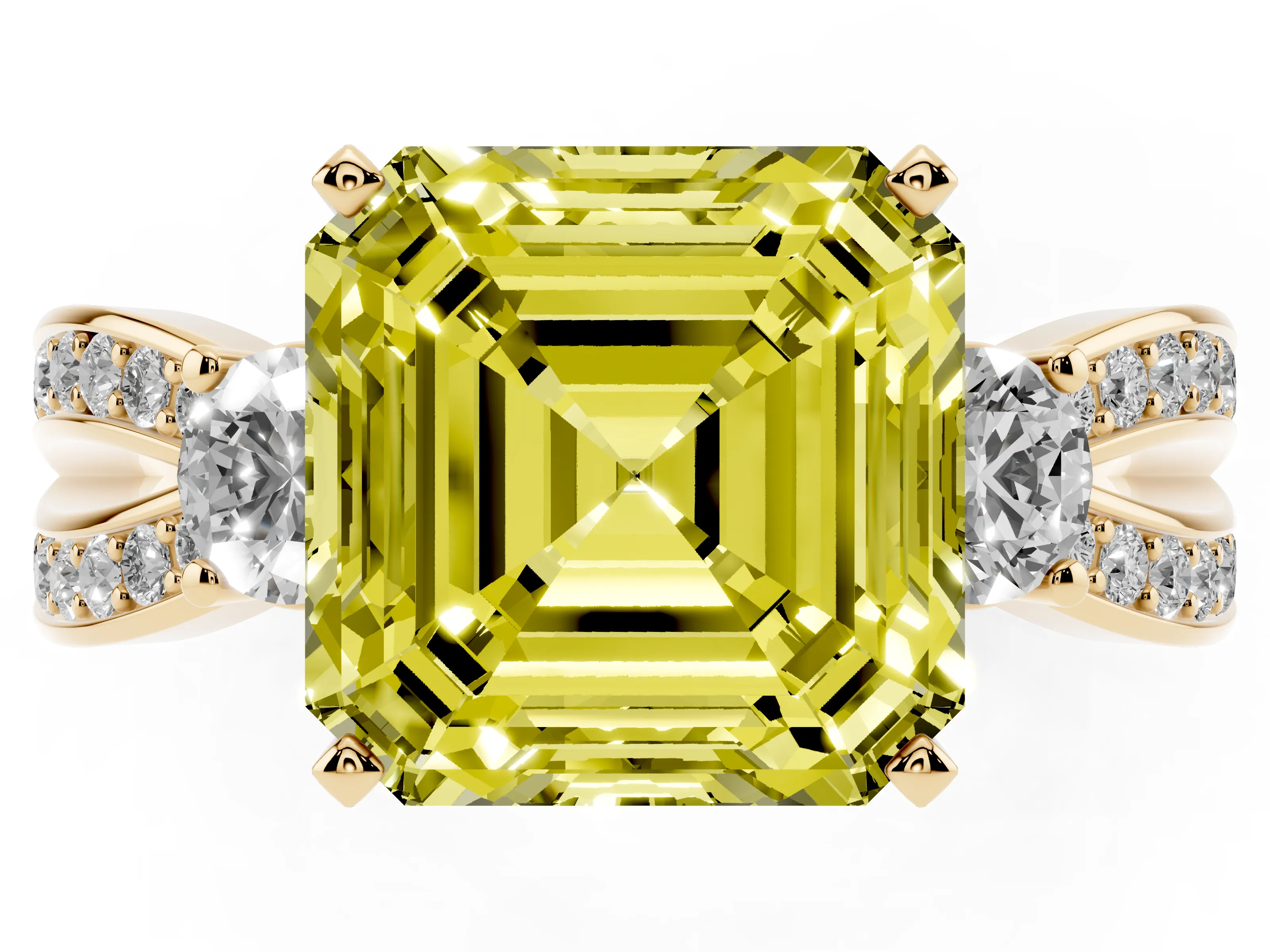 Fancy Yellow Three-Stone Asscher Cut Diamond Twist Band Ring Set in Yellow gold with Pavé Accents and Prong Setting