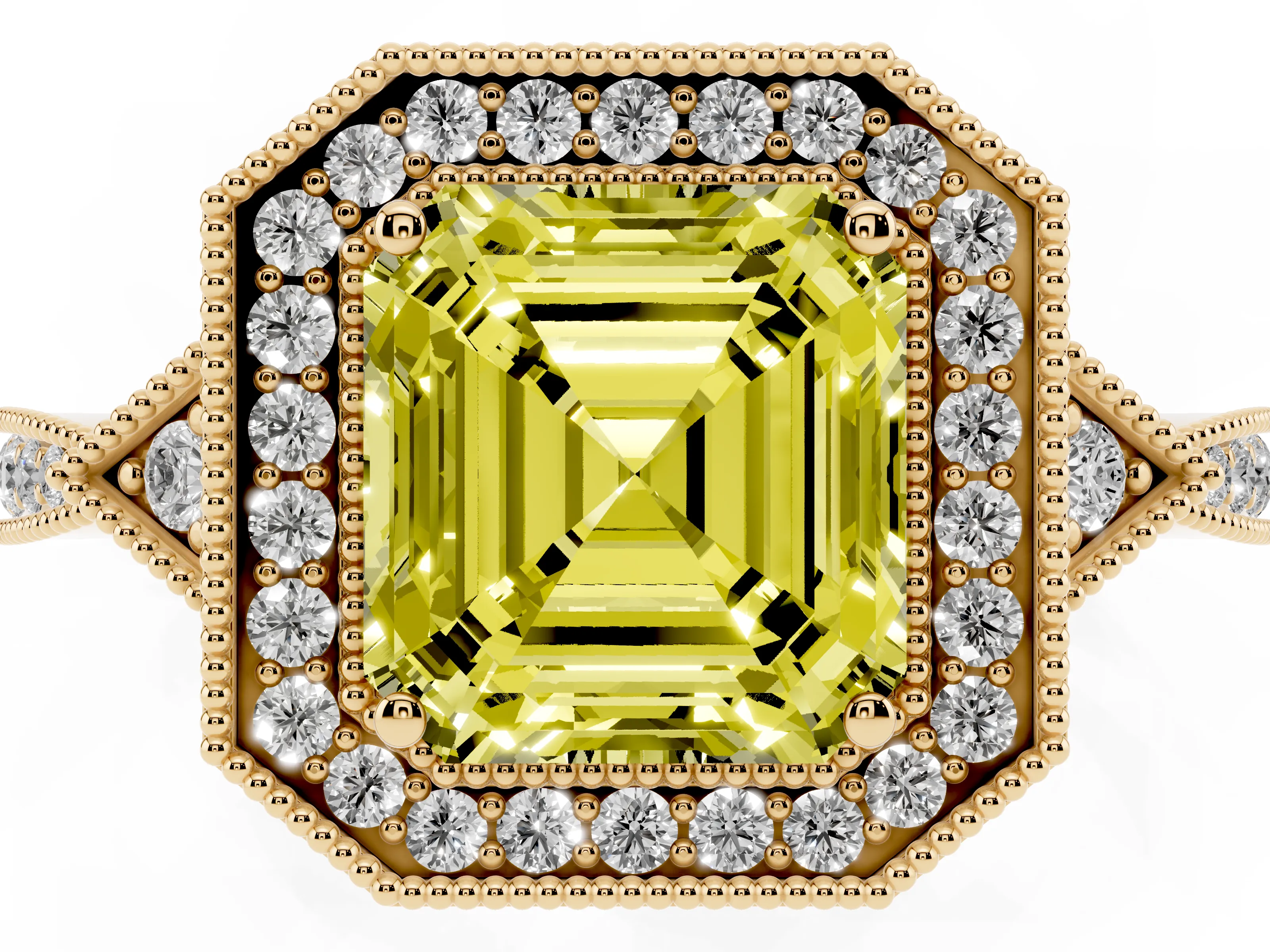 Fancy Yellow Asscher Cut Diamond Halo Engagement Ring Set in Yellow gold with Milgrain Pavé Band