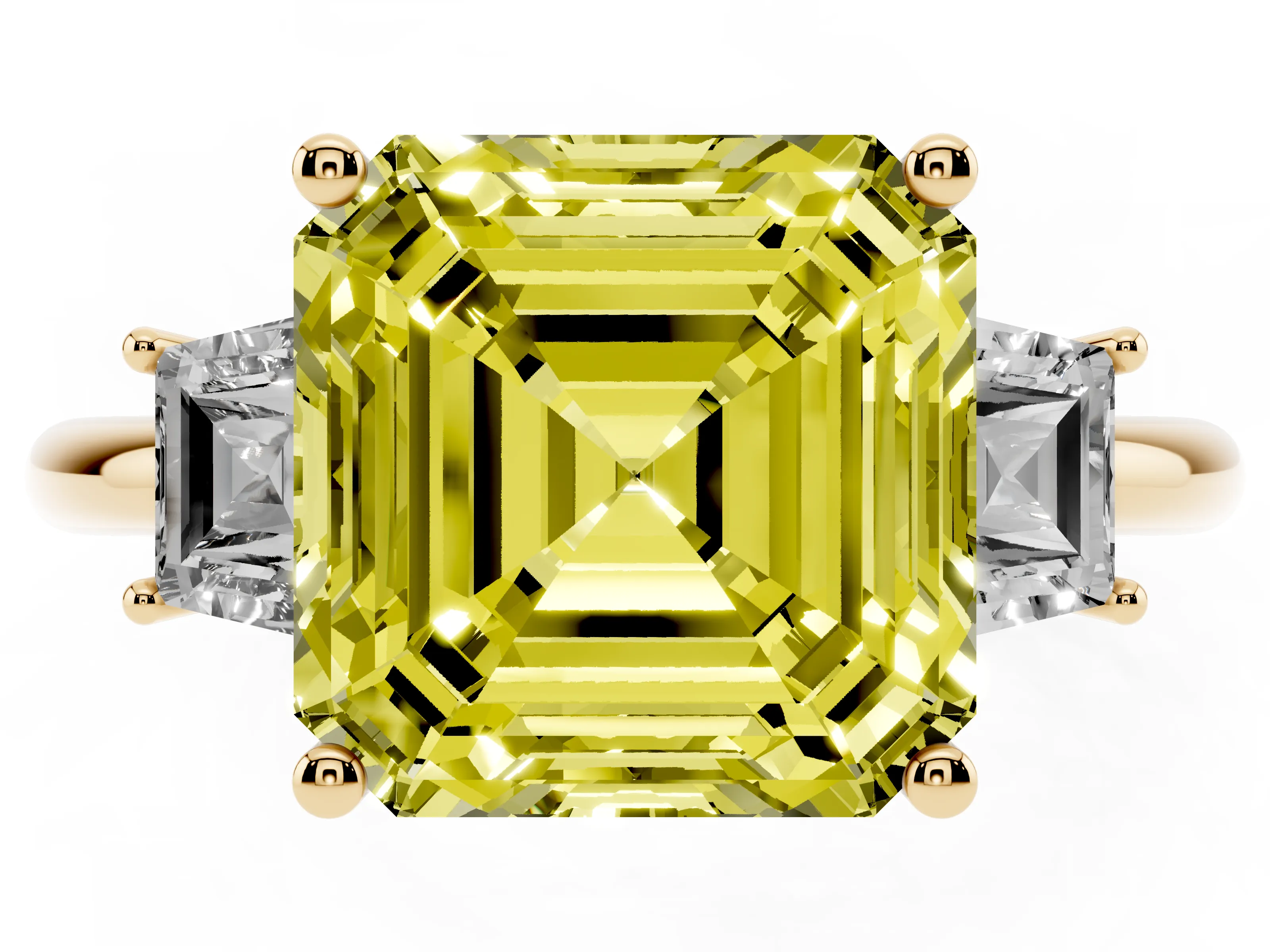 Fancy Yellow Asscher Cut Diamond Three-Stone Ring Set in Yellow gold with Trapezoid Side Stones and Prong Setting