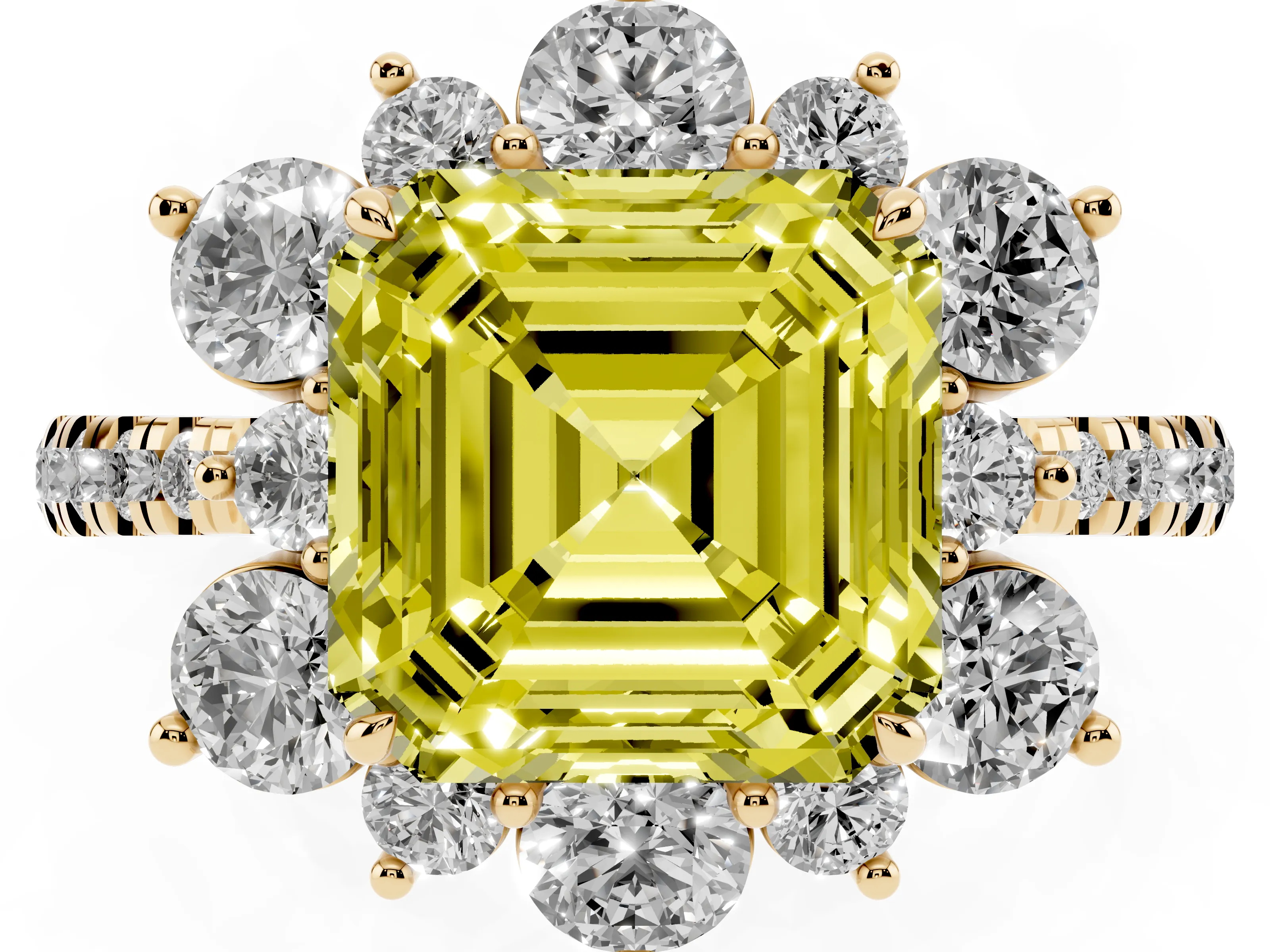 Fancy Yellow Asscher Cut Diamond Floral Halo Ring Set in Yellow gold with Round Pavé Band and Prong Setting