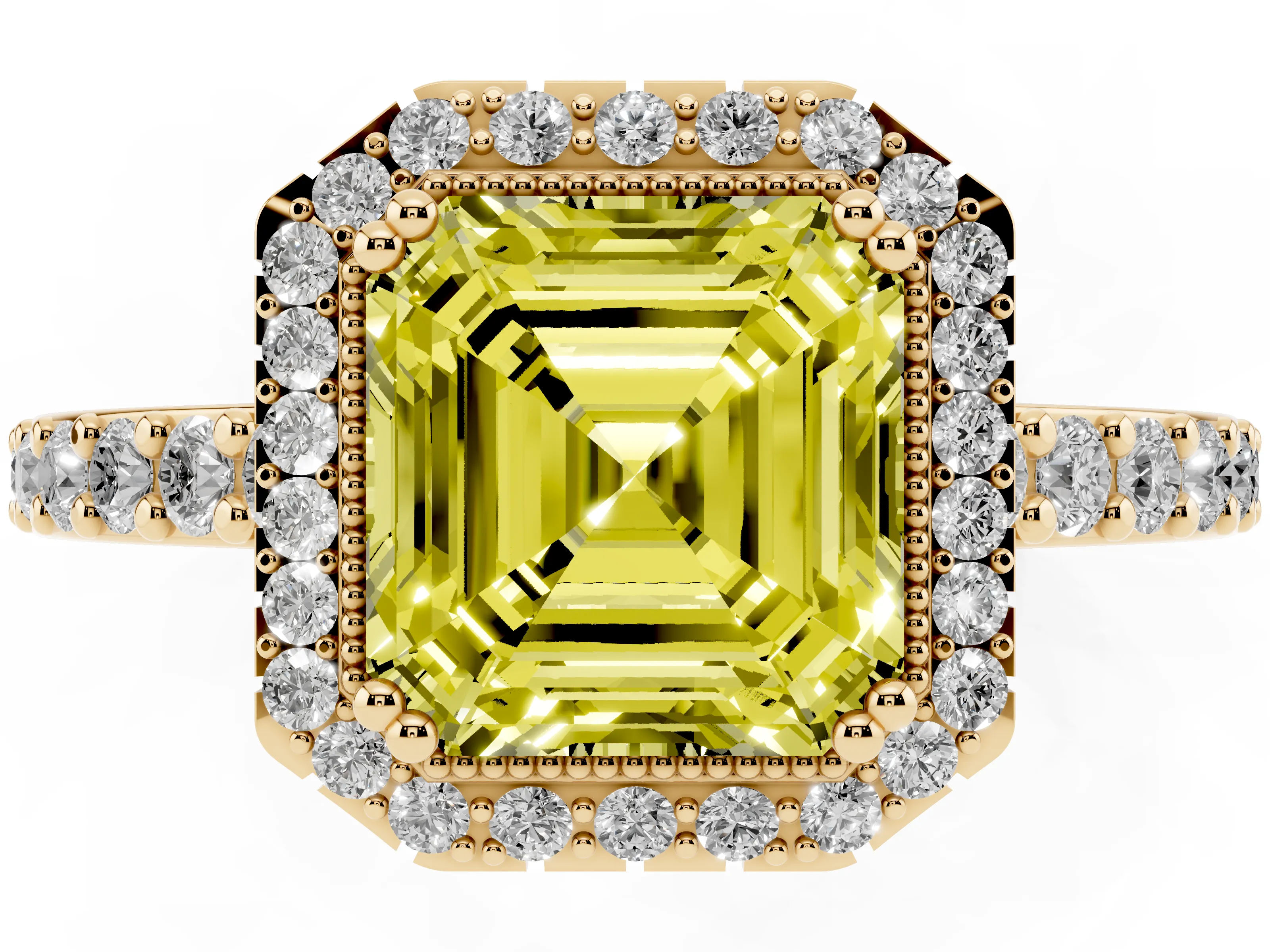 Fancy Yellow Asscher Cut Diamond Halo Engagement Ring Set in Yellow gold with Milgrain Detail and Pavé Band
