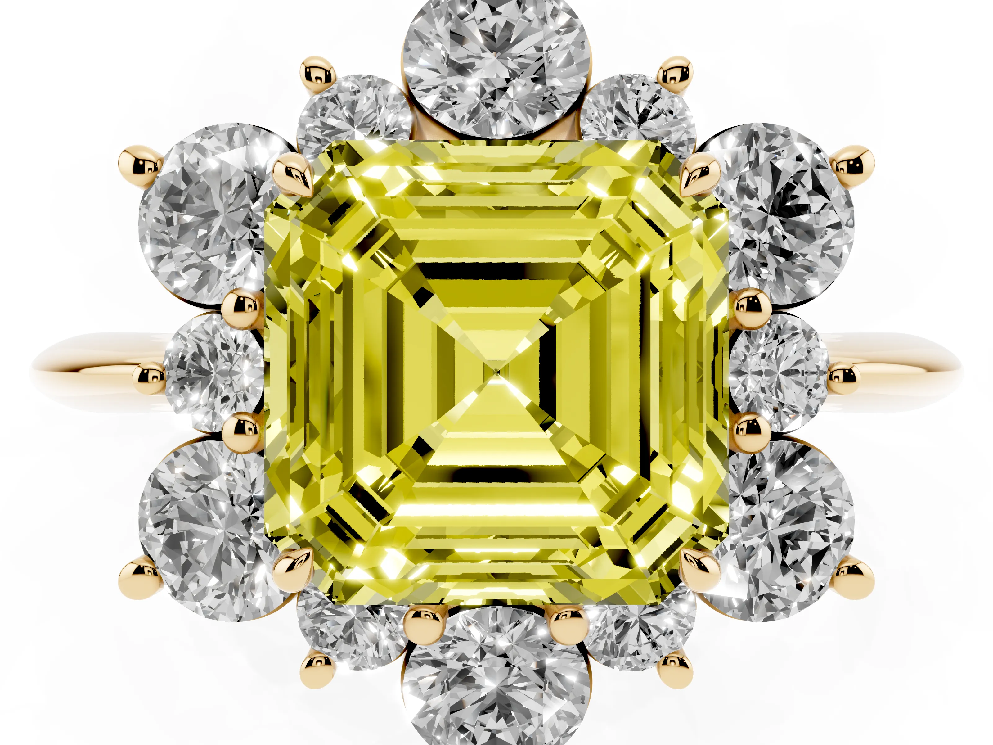 Fancy Yellow Asscher Cut Diamond Cluster Halo Ring Set in Yellow gold with Solitaire Band and Prong Setting
