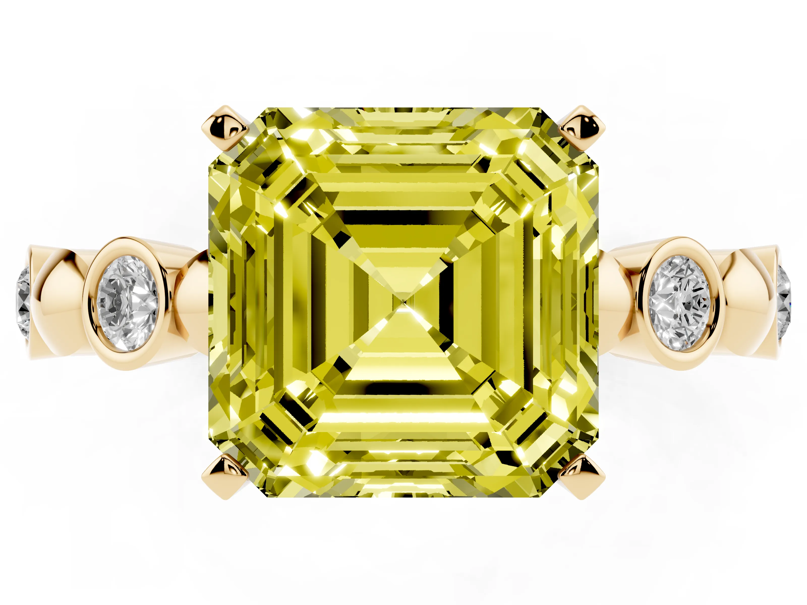 Fancy Yellow Asscher Cut Diamond Solitaire Ring Set in Yellow gold with Bezel-Set Accents on Beaded Band and Prong Setting