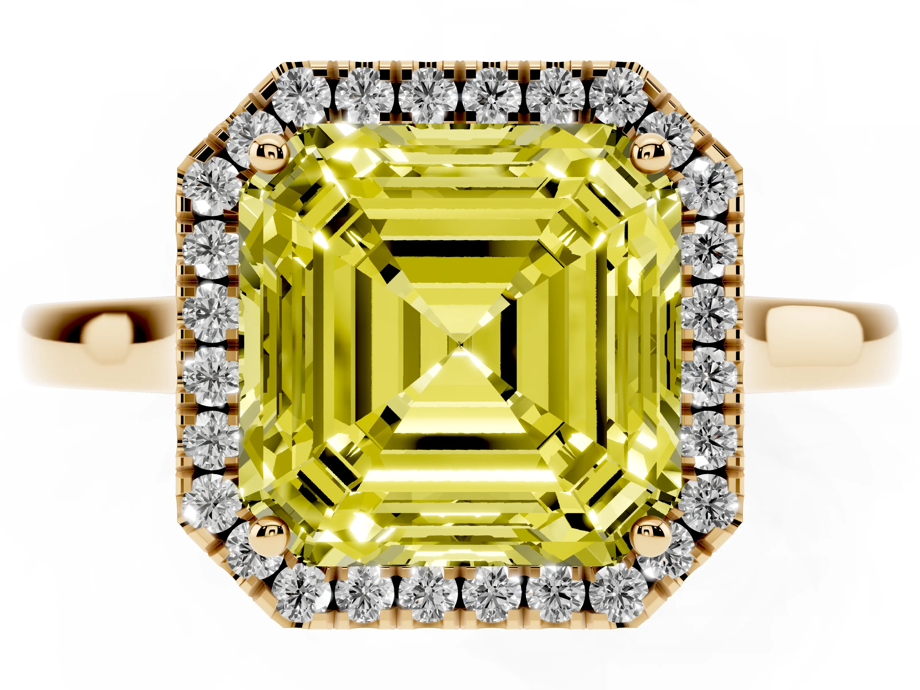 Fancy Yellow Asscher Cut Halo Round Diamond Solitaire Ring Set in Yellow gold with Pavé Band and Prong Setting
