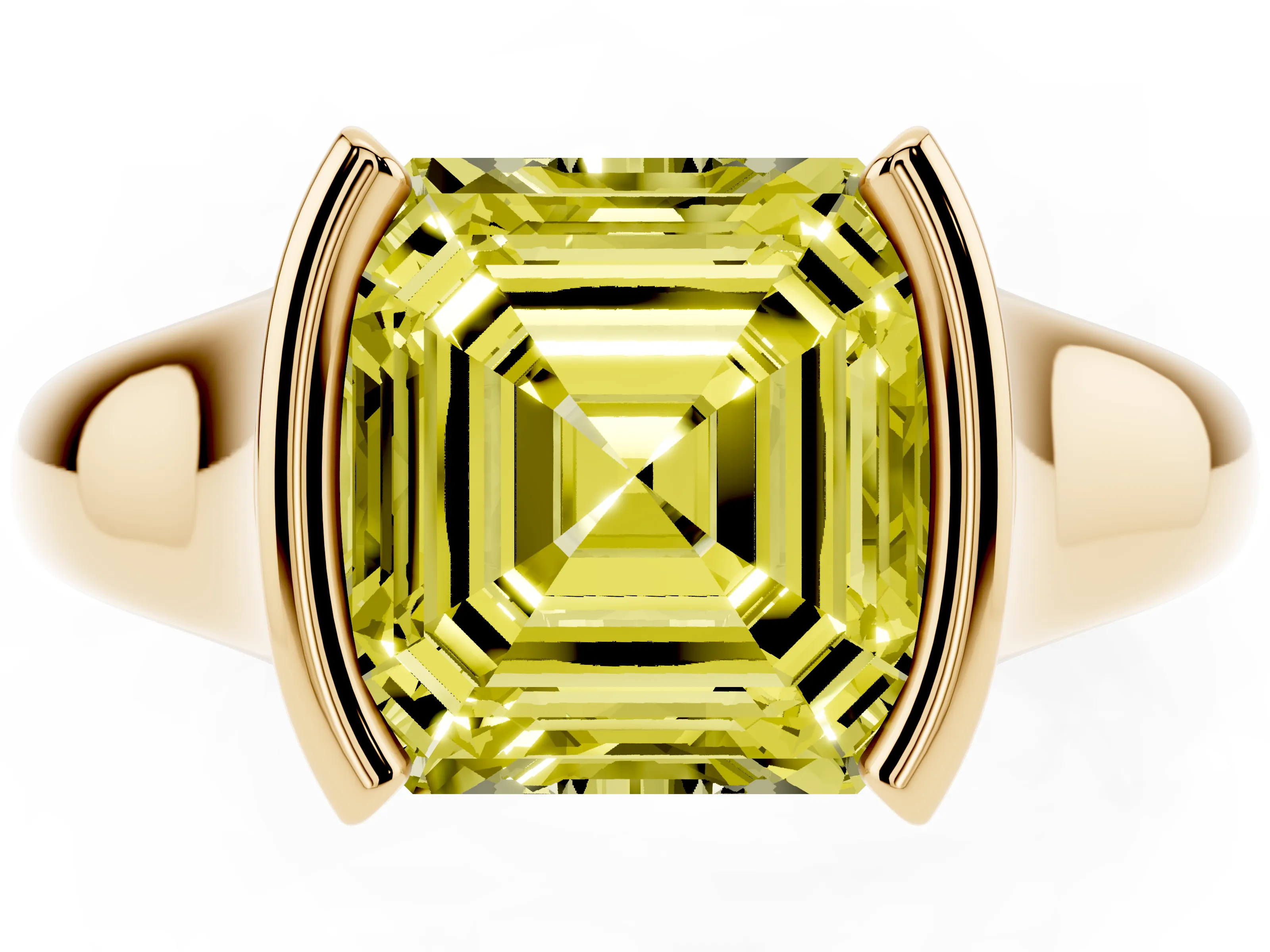 Fancy Yellow Asscher Cut Diamond Solitaire Tension Set Ring Set in Yellow gold with Split Shank Band